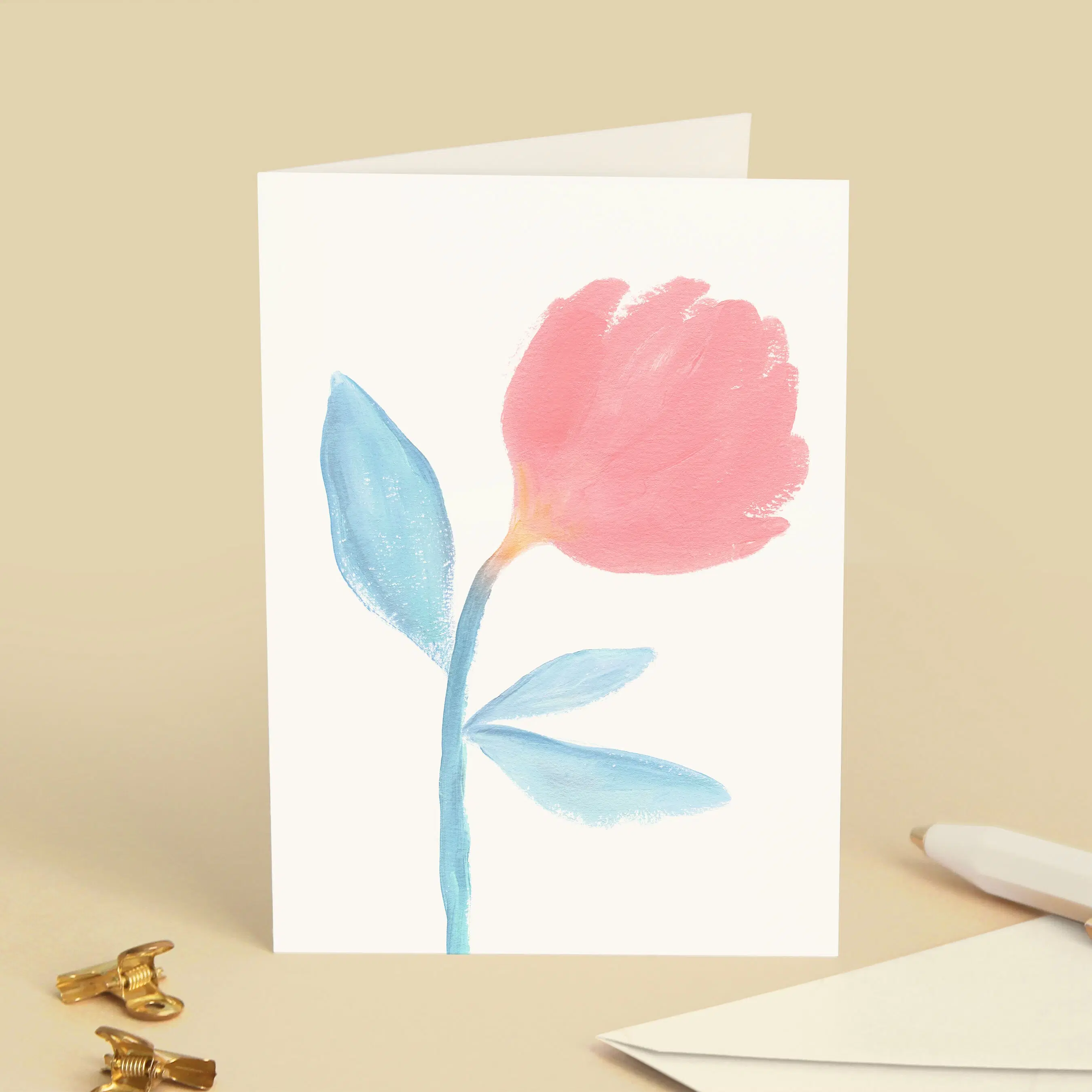 Pink Peony Flower Greeting Card - Watercolor Gouache Painting Illustration