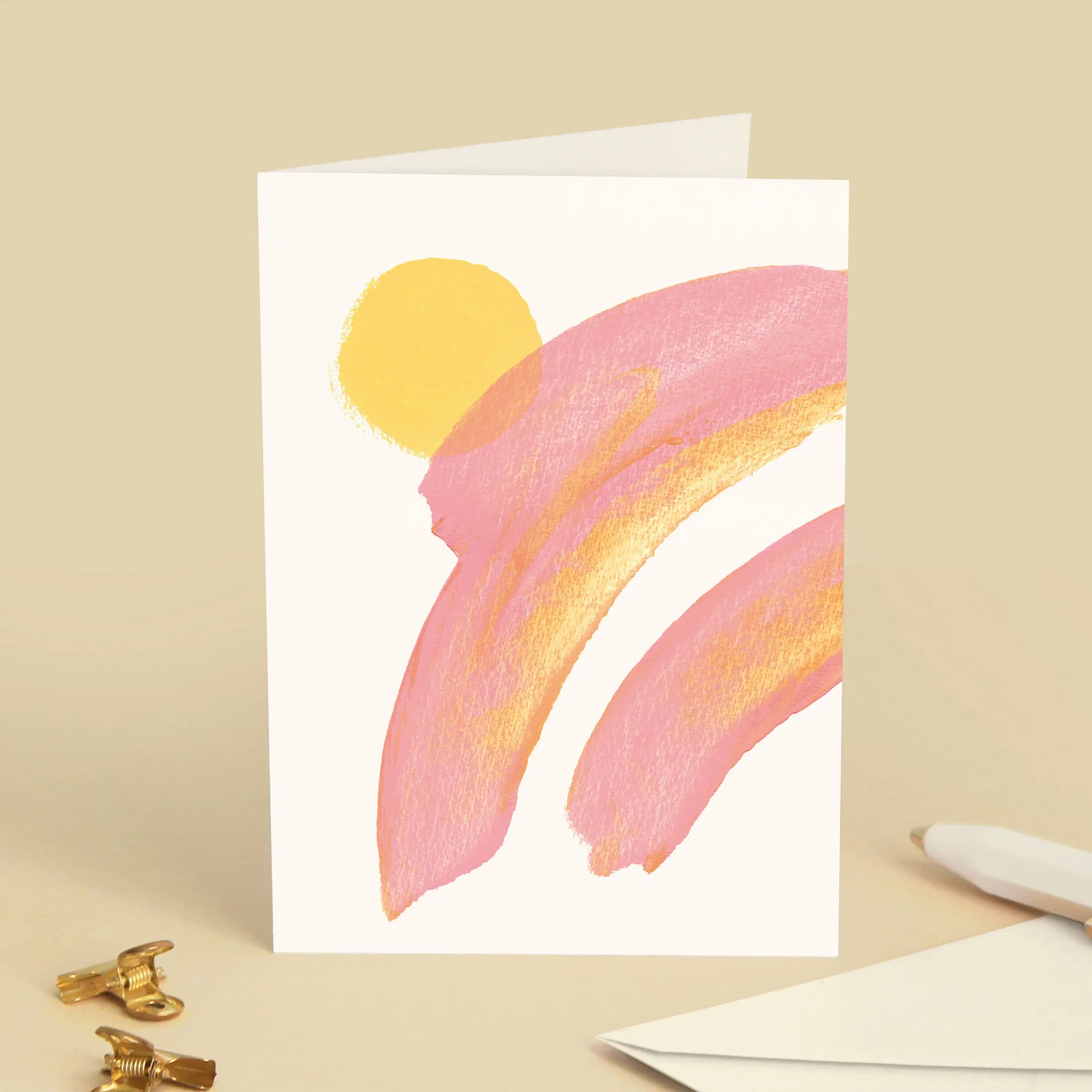 Pink Rainbow Greeting Card - Watercolor Gouache Painting Illustration