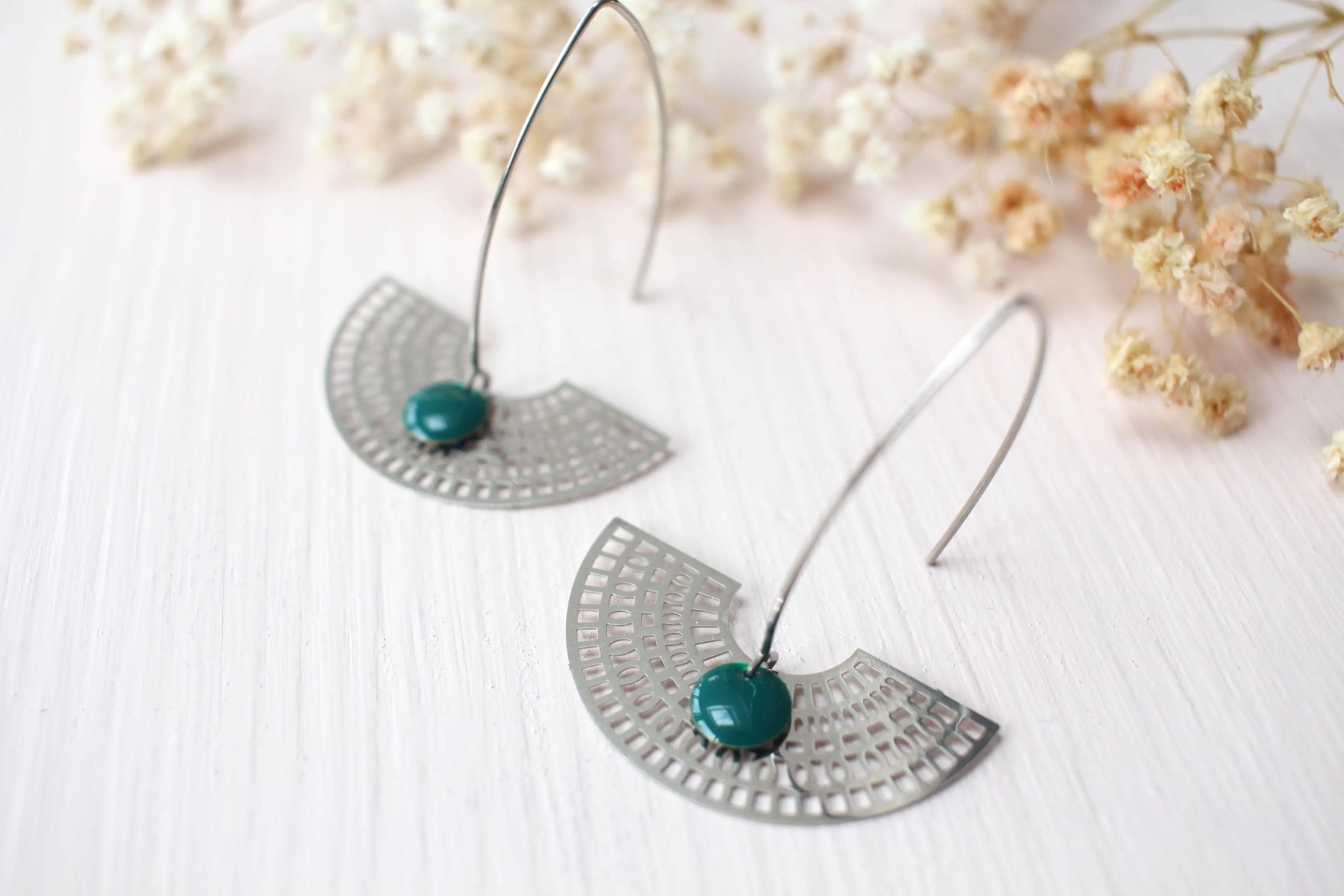 Earrings La Rêveuse silver color pine green