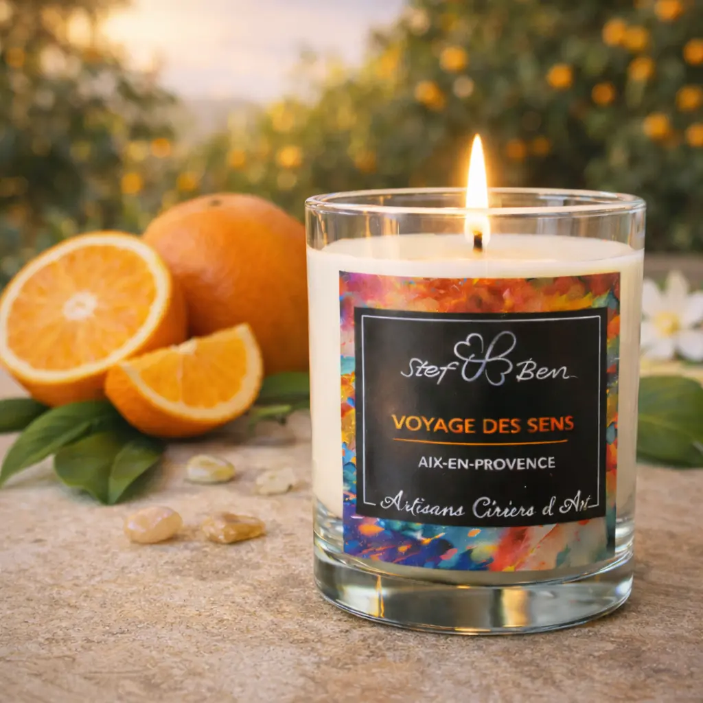 Bougie parfumée ORANGE DE VALENCIA, coulée à la main par des ciriers d'art