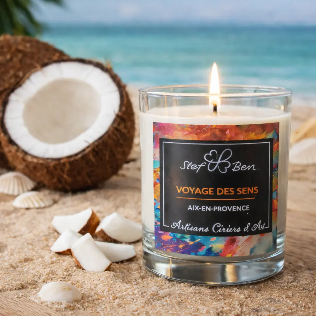 Bougie parfumée COCO DES ILES, coulée à la main par des ciriers d'art