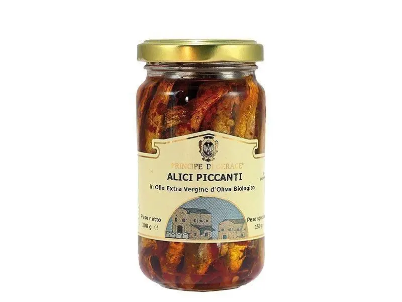 Anchovies with chilli pepper, in organic extra virgin olive oil, 200 g
