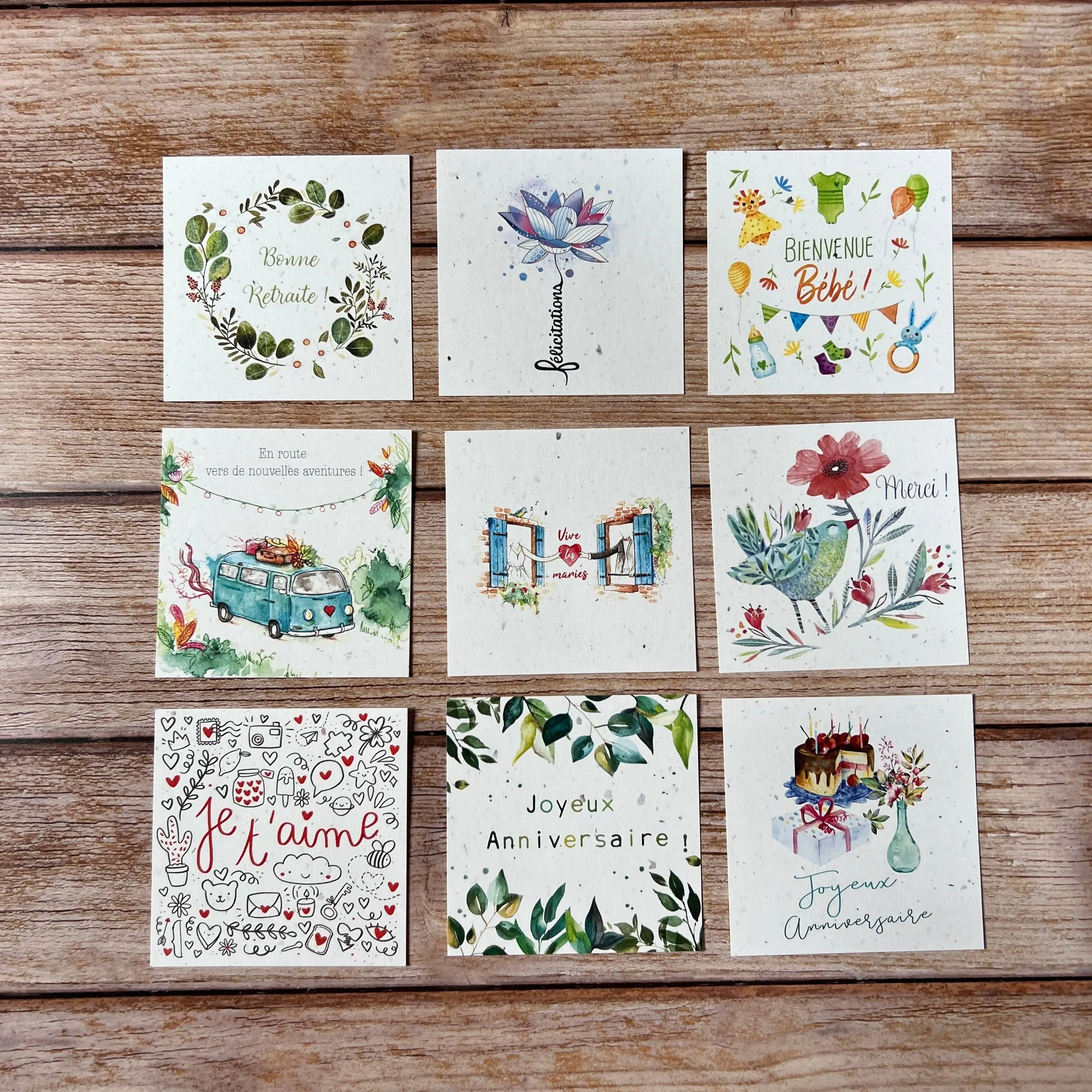 Small square traditional life event greeting cards in a set of 5 x 9