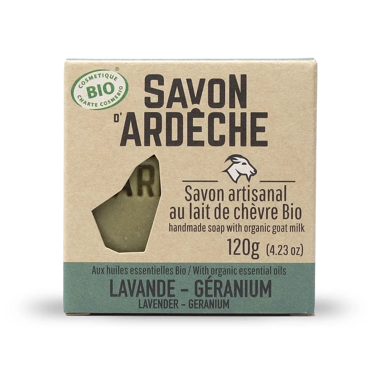Zertifizierte Bio-Ziegenmilchseife – 7 % superfette milde Seife – 100 % natürliche, handwerklich hergestellte Seife – Hergestellt in der Ardèche – Für Gesicht und Körper – 120 g (Lavendelgeranie)