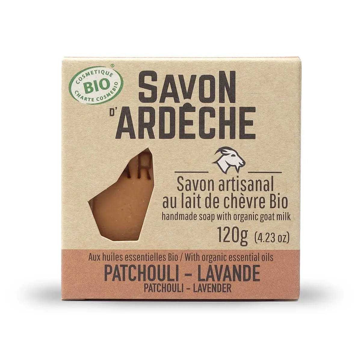 Zertifizierte Bio-Ziegenmilchseife – 7 % superfette milde Seife – 100 % natürliche, handwerklich hergestellte Seife – Hergestellt in der Ardèche – Für Gesicht und Körper – 120 g (Lavendel-Patschuli)