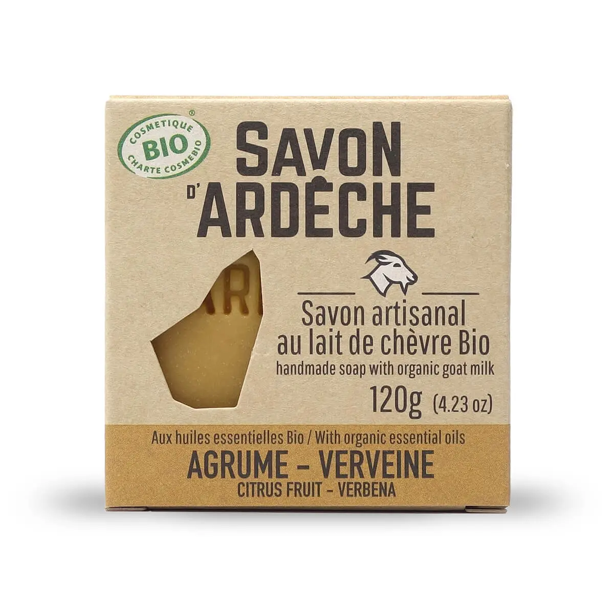 Zertifizierte Bio-Ziegenmilchseife – 7 % superfette milde Seife – 100 % natürliche, handwerklich hergestellte Seife – Hergestellt in der Ardèche – Für Gesicht und Körper – 120 g (Petitgrain Verbena)