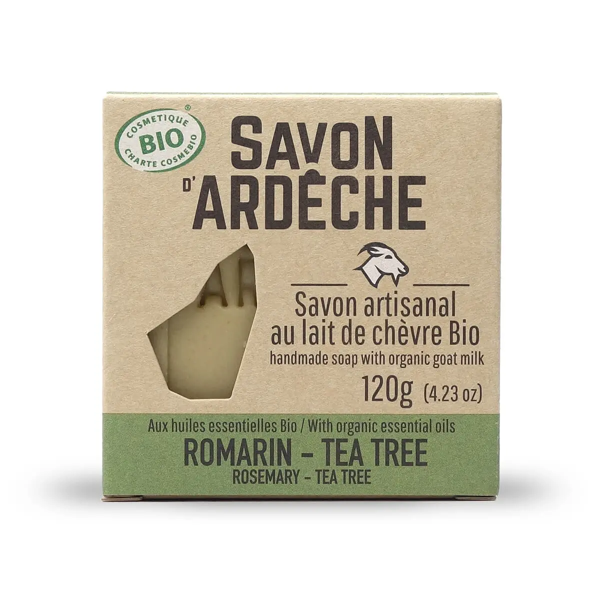 Zertifizierte Bio-Ziegenmilchseife – 7 % milde Surgras-Seife – 100 % natürliche, handwerklich hergestellte Seife – hergestellt in der Ardèche – für Gesicht und Körper – 120 g (Rosmarin-Teebaum)