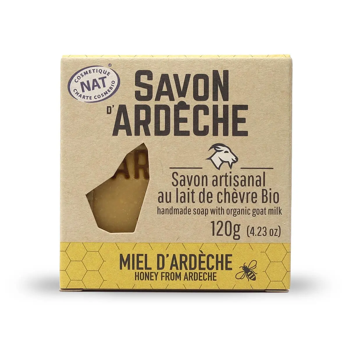 Ziegenmilchseife – 7 % superfette milde Seife – 100 % natürliche, handwerklich hergestellte Seife – Hergestellt in der Ardèche – Für Gesicht und Körper – 120 g (Ardèche-Honig)
