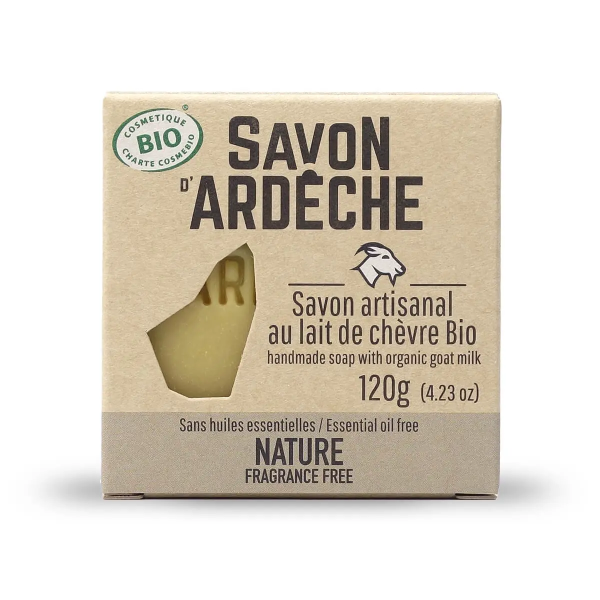 Zertifizierte Bio-Ziegenmilchseife – 7 % superfette milde Seife – 100 % natürliche, handwerklich hergestellte Seife – Hergestellt in der Ardèche – Für Gesicht und Körper – 120 g (Natur – parfümfrei)
