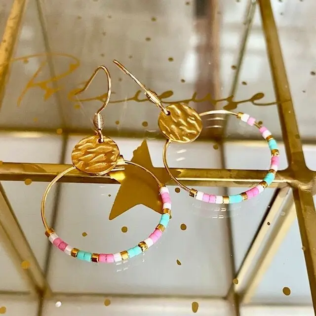 Éolia creoles pink/turquoise summer miyuki beads gold steel jewel earring for teenage women
