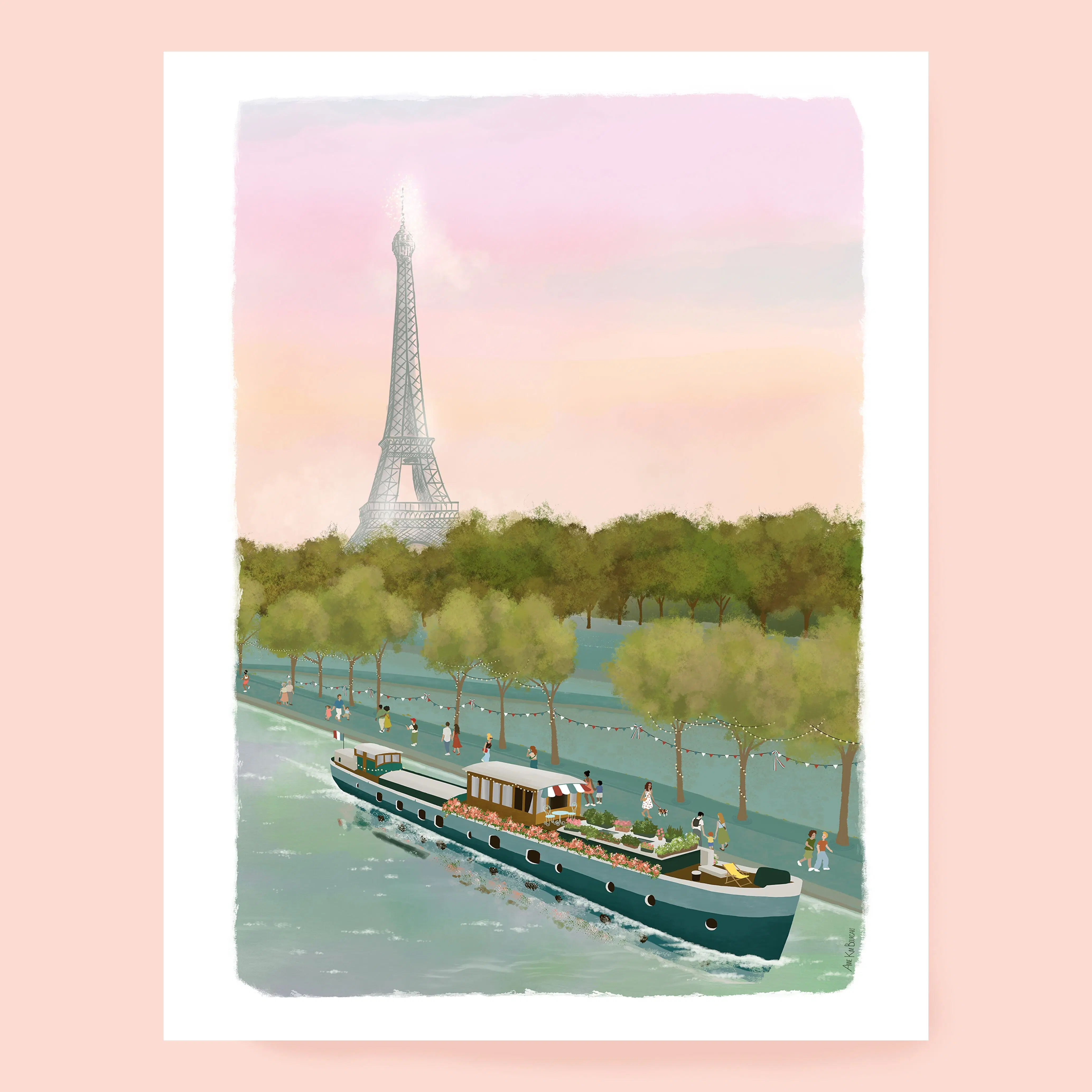Poster On the Seine, Paris souvenir, Parisian barge, Eiffel Tower A5 A4