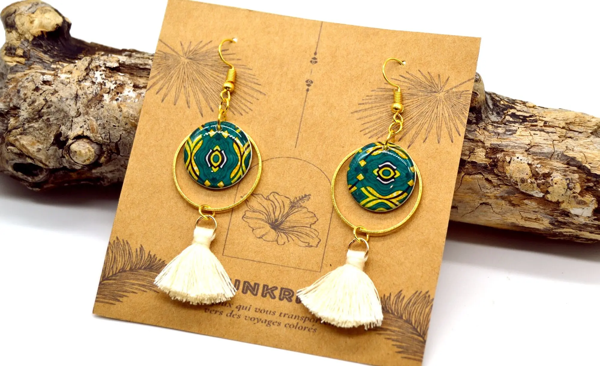 Dangling Earrings: African Elegance in Green and Yellow Wax Patterns