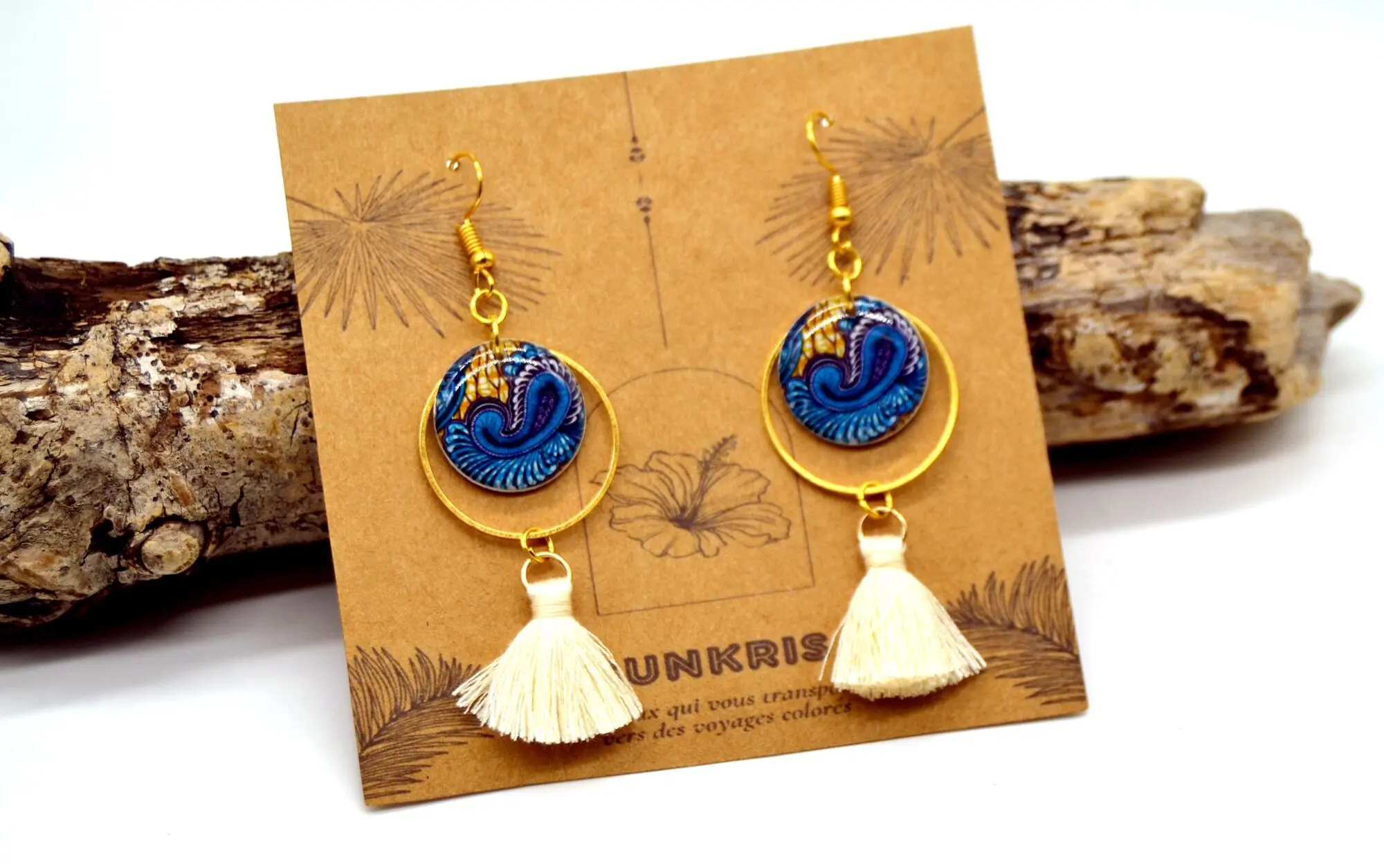 Dangling Earrings in Blue and Orange African Wax Resin with White Pompom