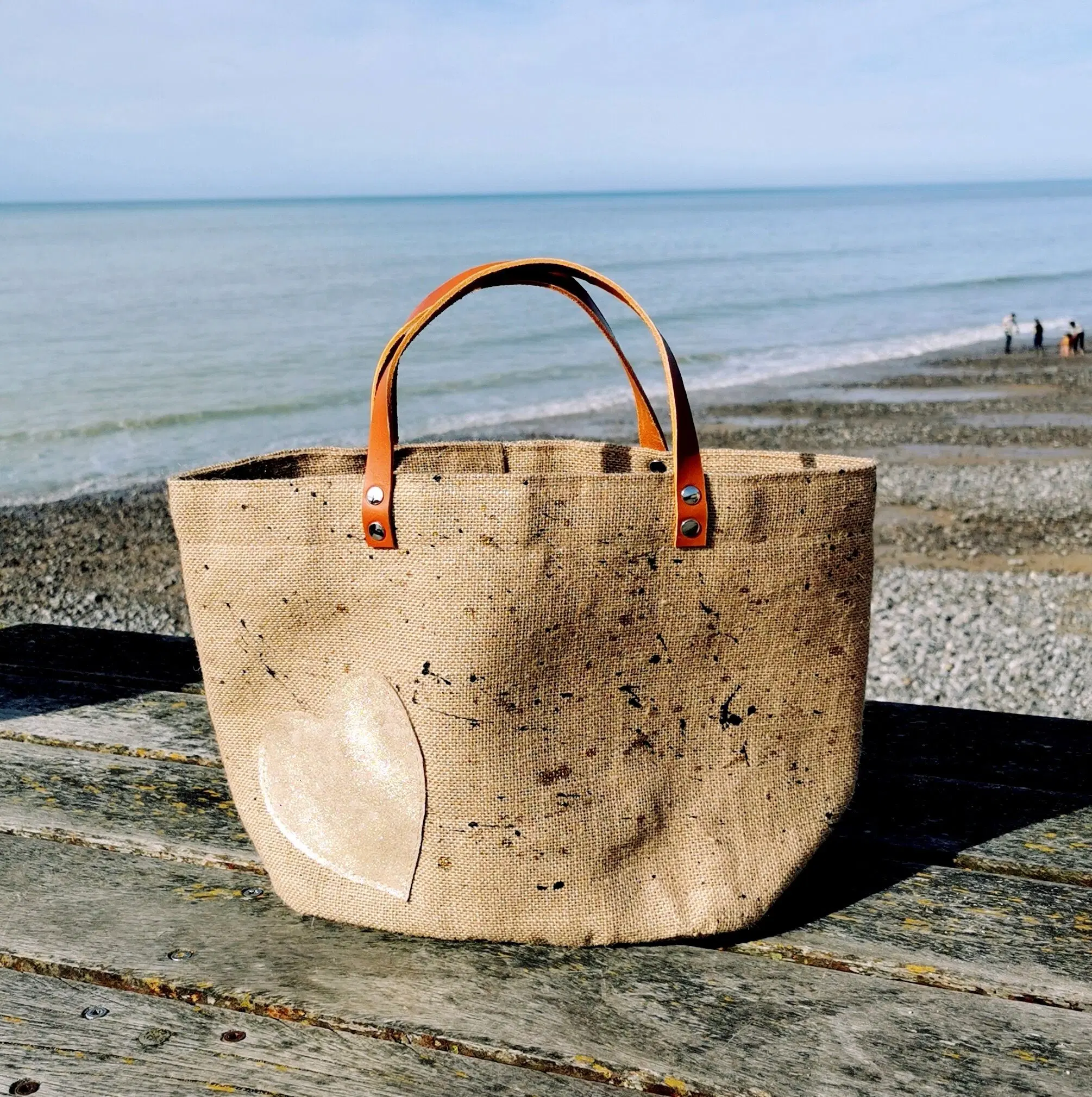 Jute tote bag with heart decoration