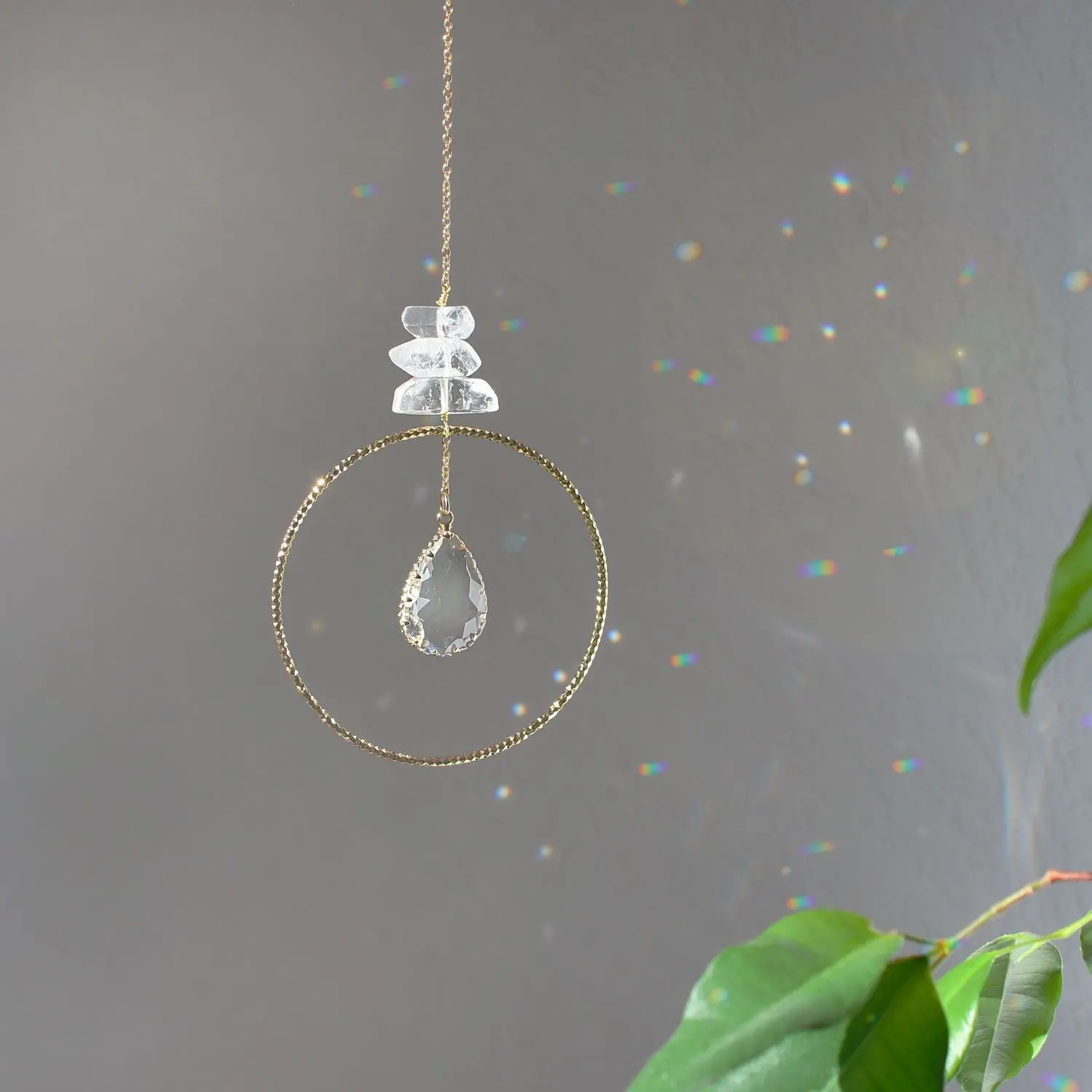 Crystal suncatcher, Sun catcher with natural quartz crystal stones, golden brass, window decoration