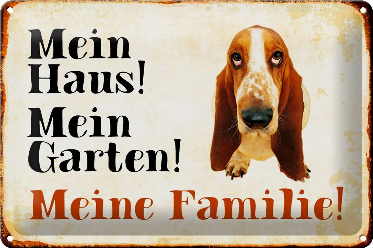 Cartel de chapa Basset 30x20cm mi casa mi jardín familia