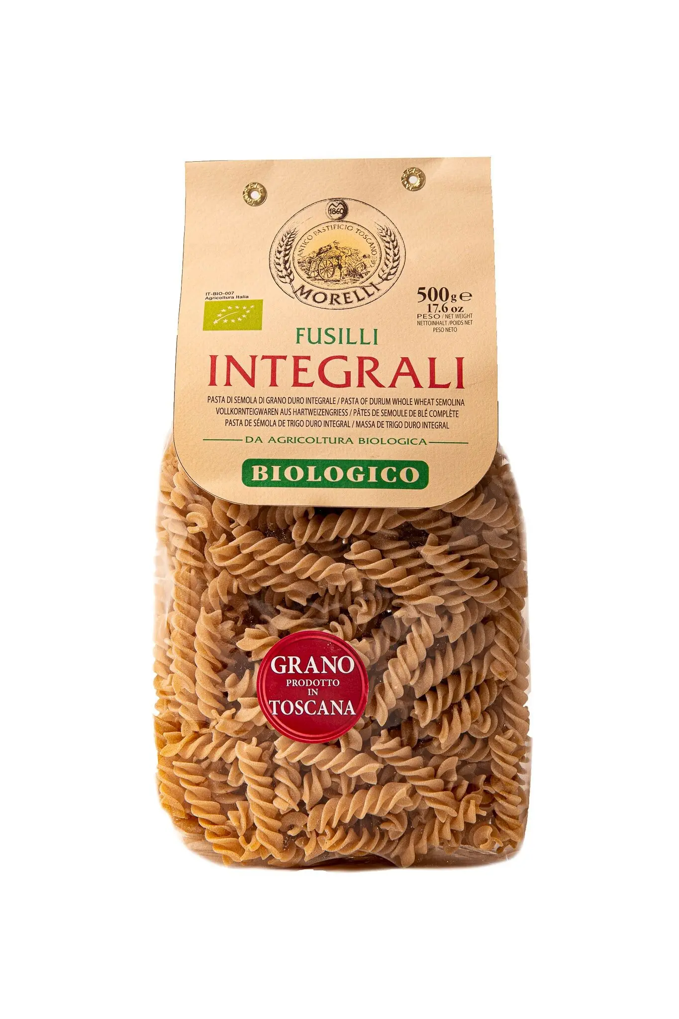 Wholemeal Fusilli pasta 100% organic Tuscan wheat g.500