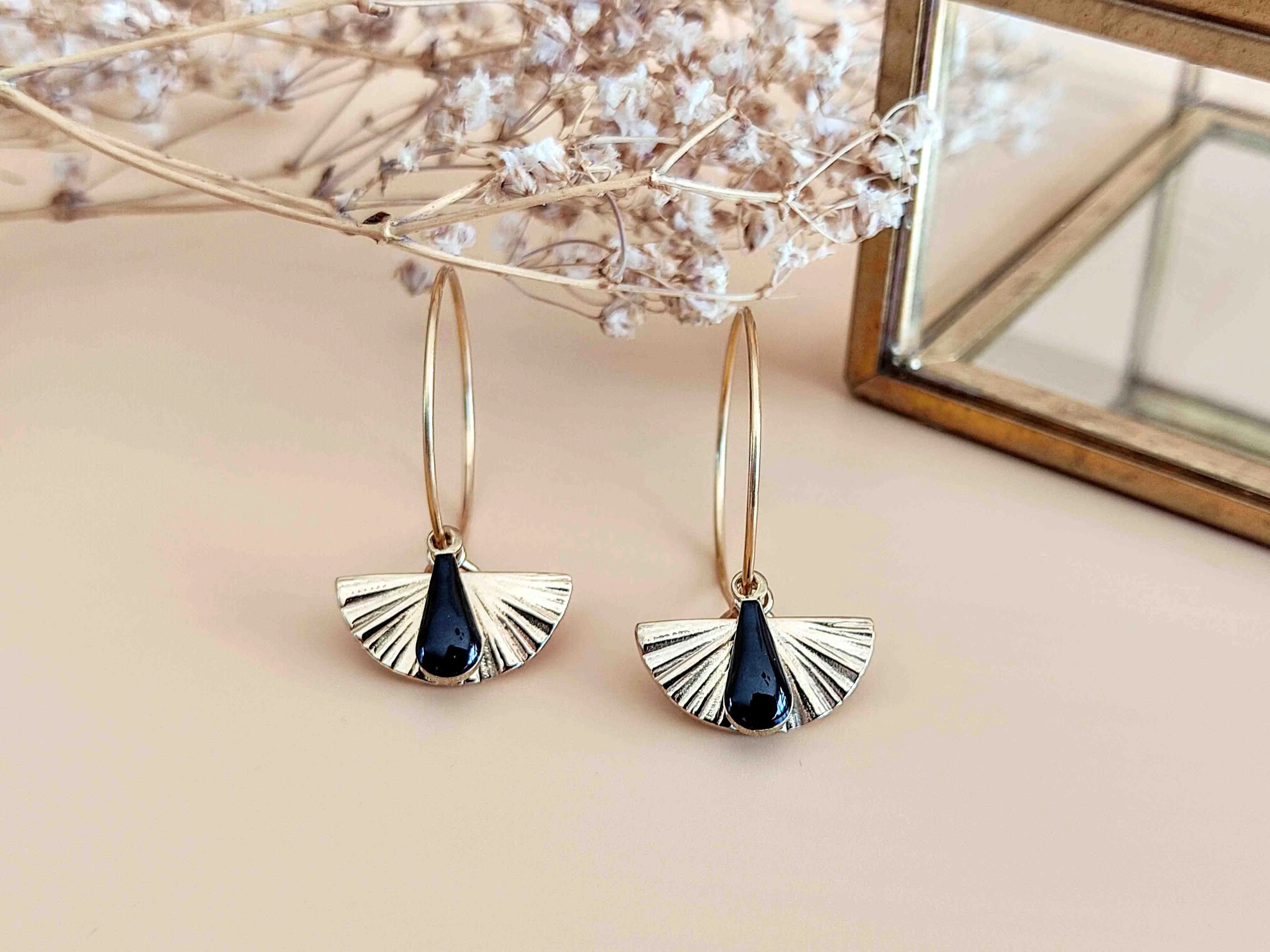 L'Adorable black fan drop hoop earrings