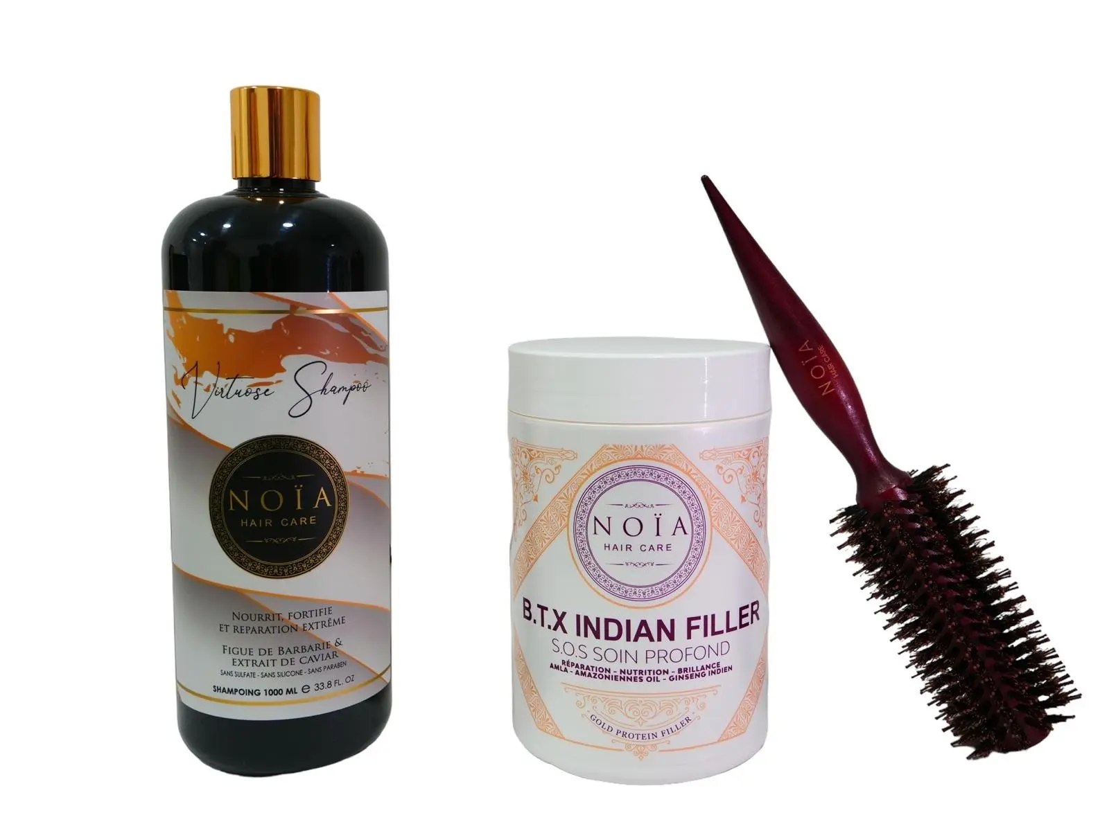 Virtuose Shampoo-Kombination 1 l + indischer BTX-Füller 1 kg + runde Föhnbürste