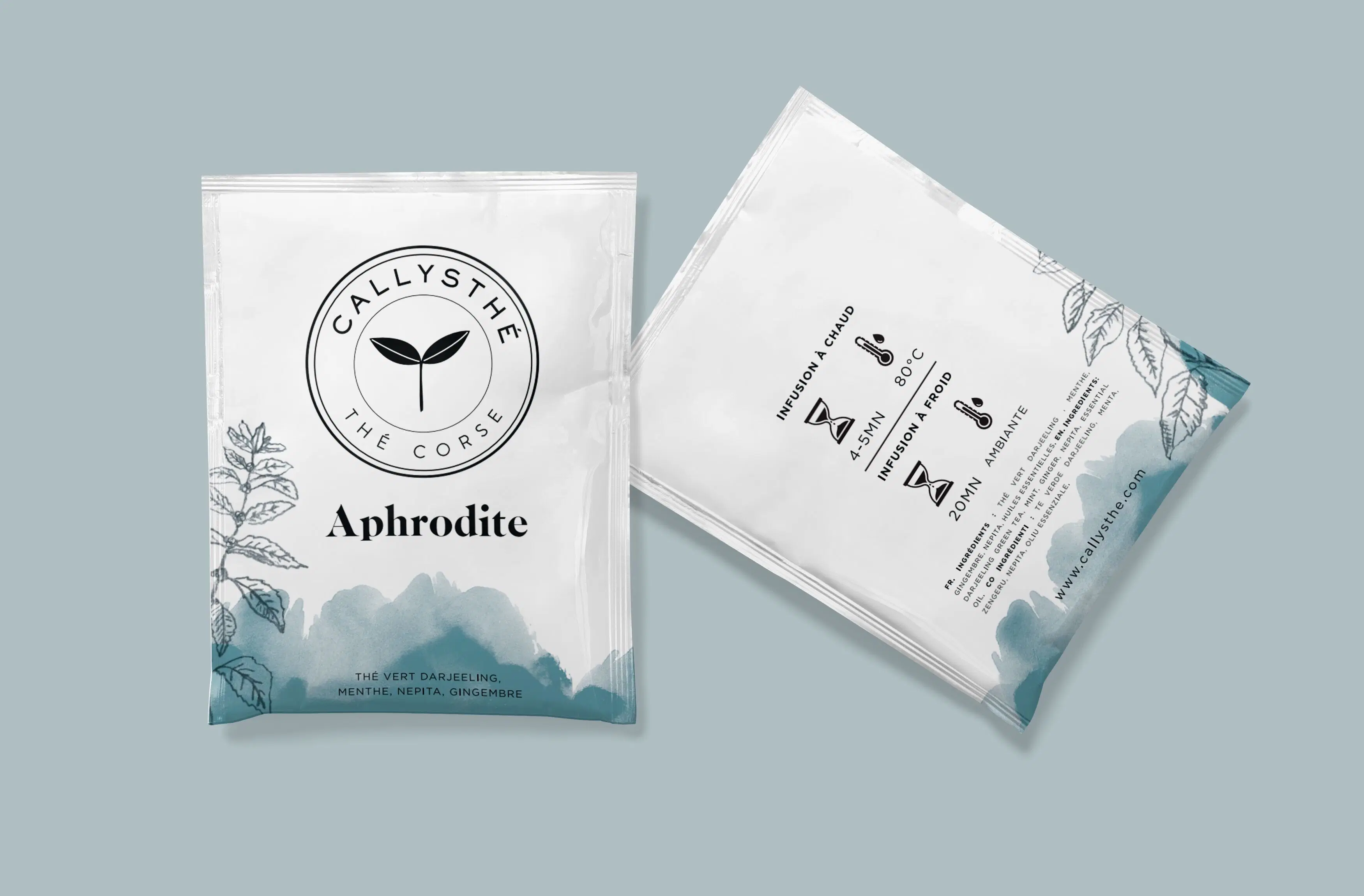 Afrodita - Té verde Darjeeling, menta, nepita, jengibre - Caja de 20 bolsitas de té individuales