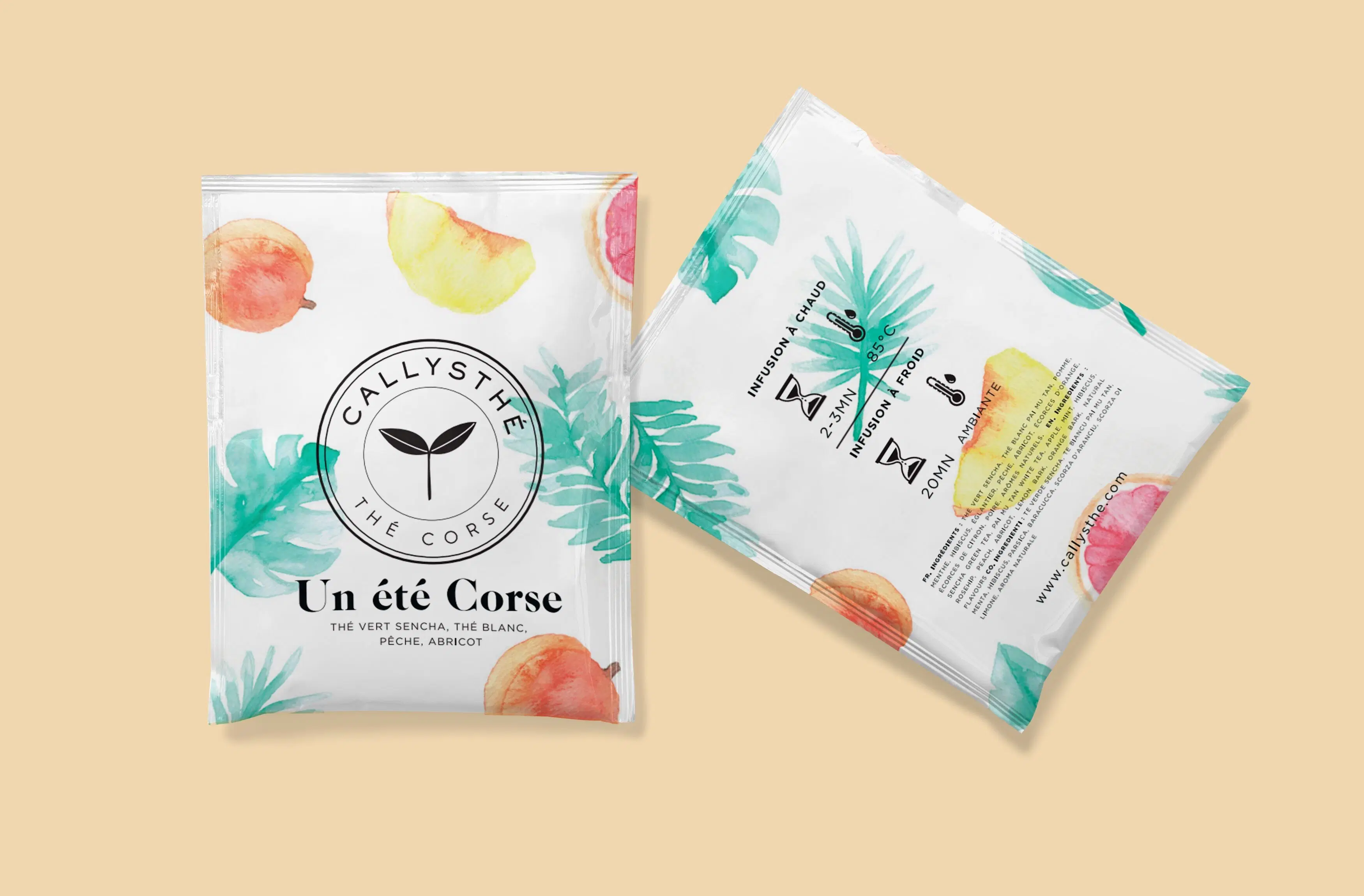 Un verano en Córcega - Té blanco, té verde, melocotón, albaricoque - Caja de 20 bolsitas de té individuales