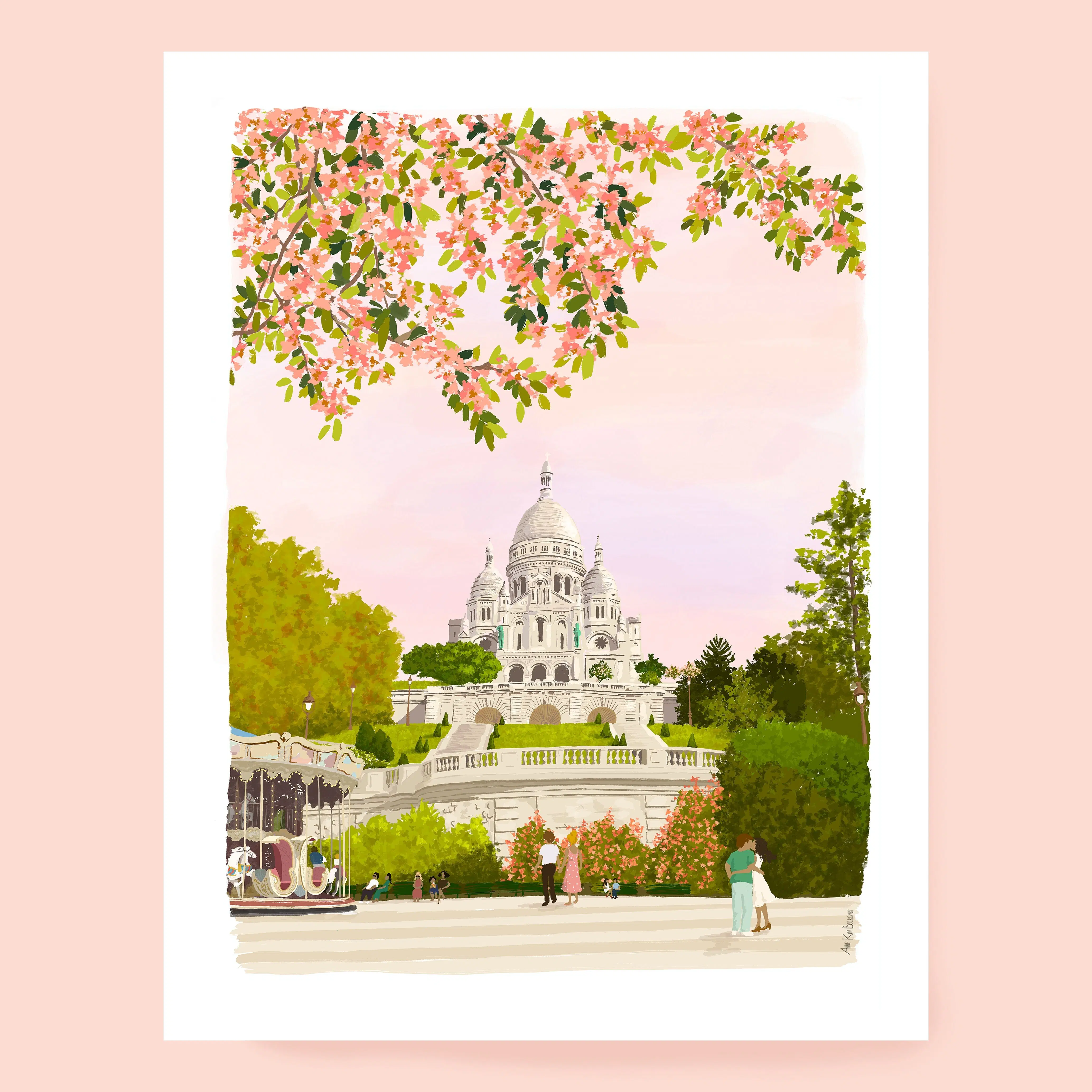 Sacré Coeur poster, souvenir of Paris, cherry blossoms, Paris monuments, 2 sizes