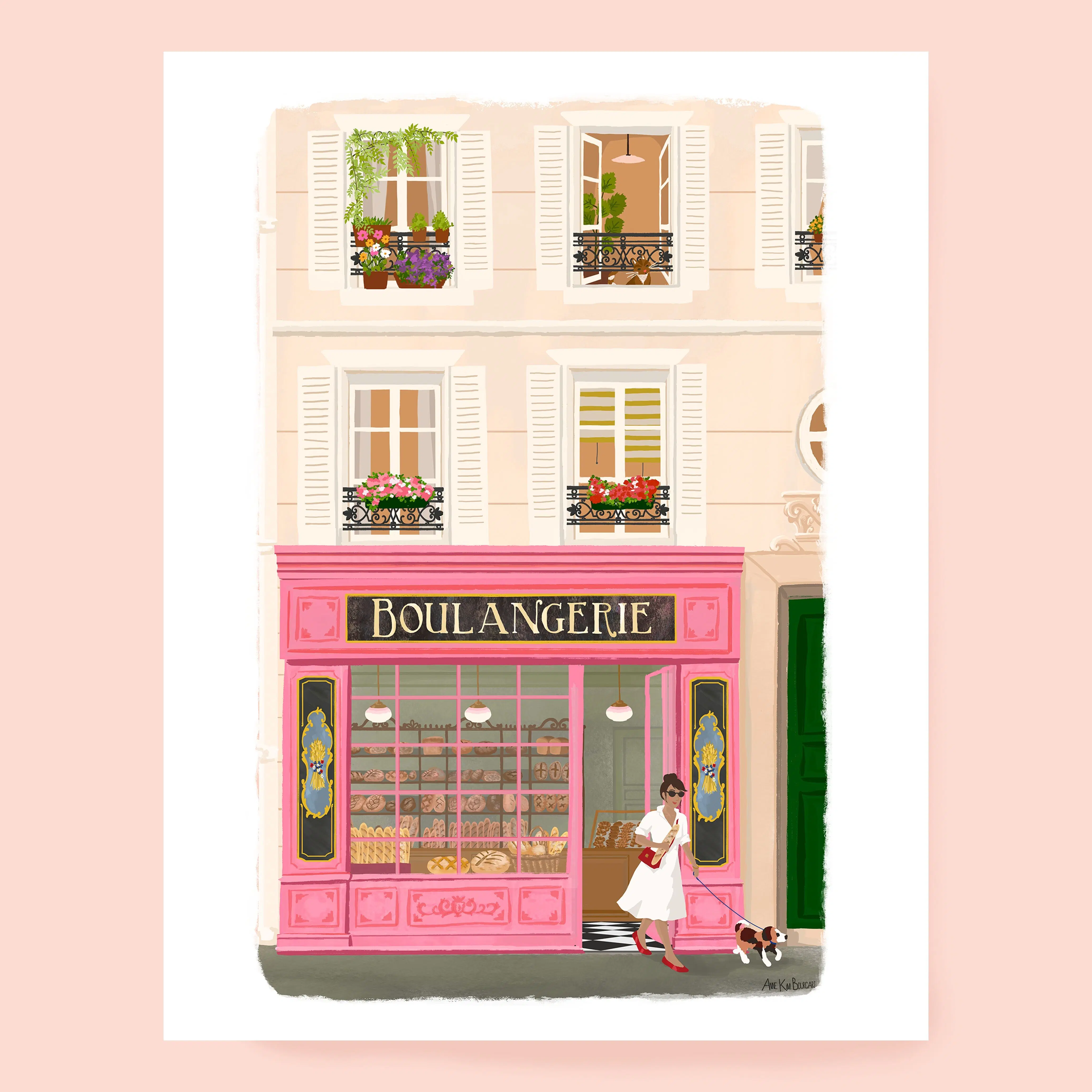 Bakery poster, old shop, Parisian facade, pink shop