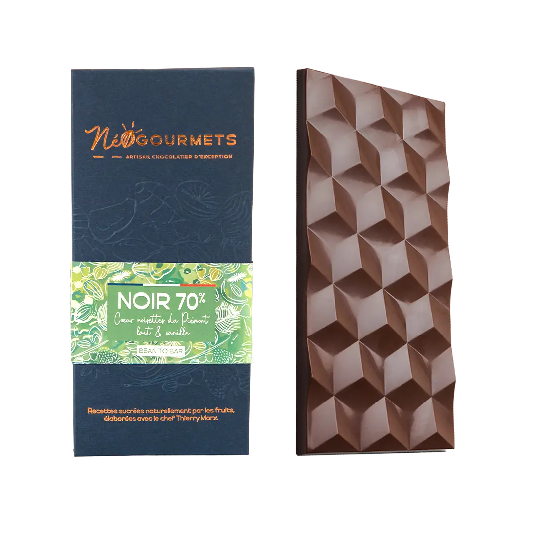 Dunkle Schokolade 70 % mit piemontesischer Haselnuss und Milchvanillefüllung (70 g) – 100 % handwerklich, biologisch und fair gehandelt