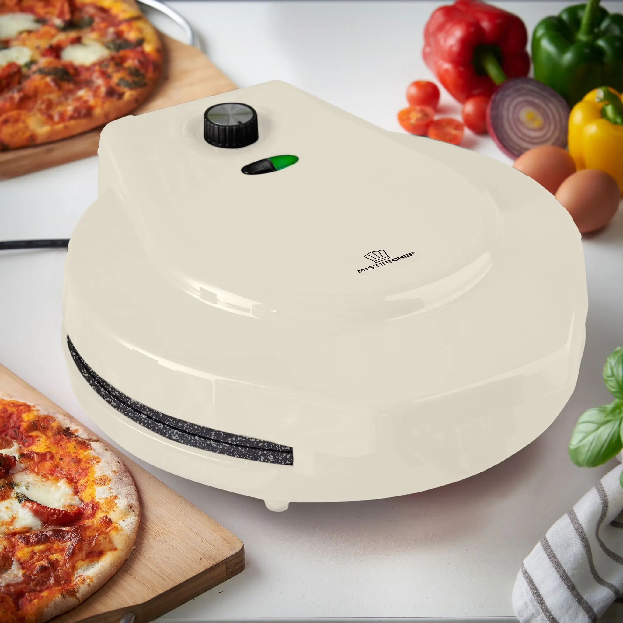 MisterChef Pizza Maker 1450W Piatti in ceramica, 12 pollici / 30 cm, 2,3 metallo, ricettario gratuito, Panna