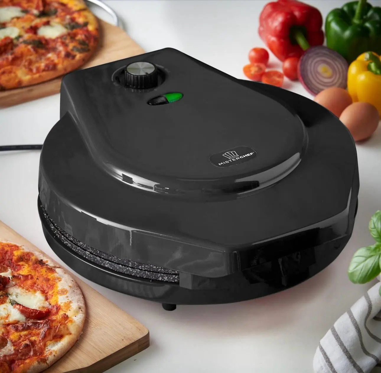 MisterChef Pizza Maker Piatti in ceramica 1450W, 12 pollici / 30 cm, 2,3 metallo, ricettario gratuito, 2 anni di garanzia, Nero