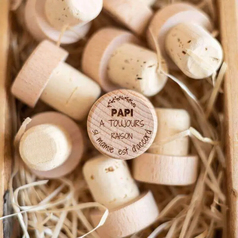 Wine Bottle Stopper "Papi is always right" in cork and wood - My Bambou