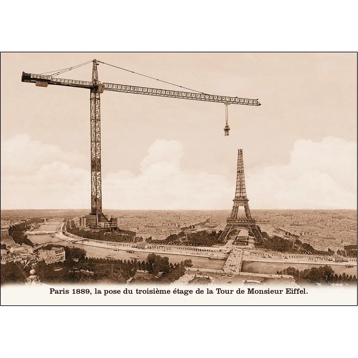 Postcard - Paris 1889, the installation of the third floor of Monsieur Eiffel's Tower.