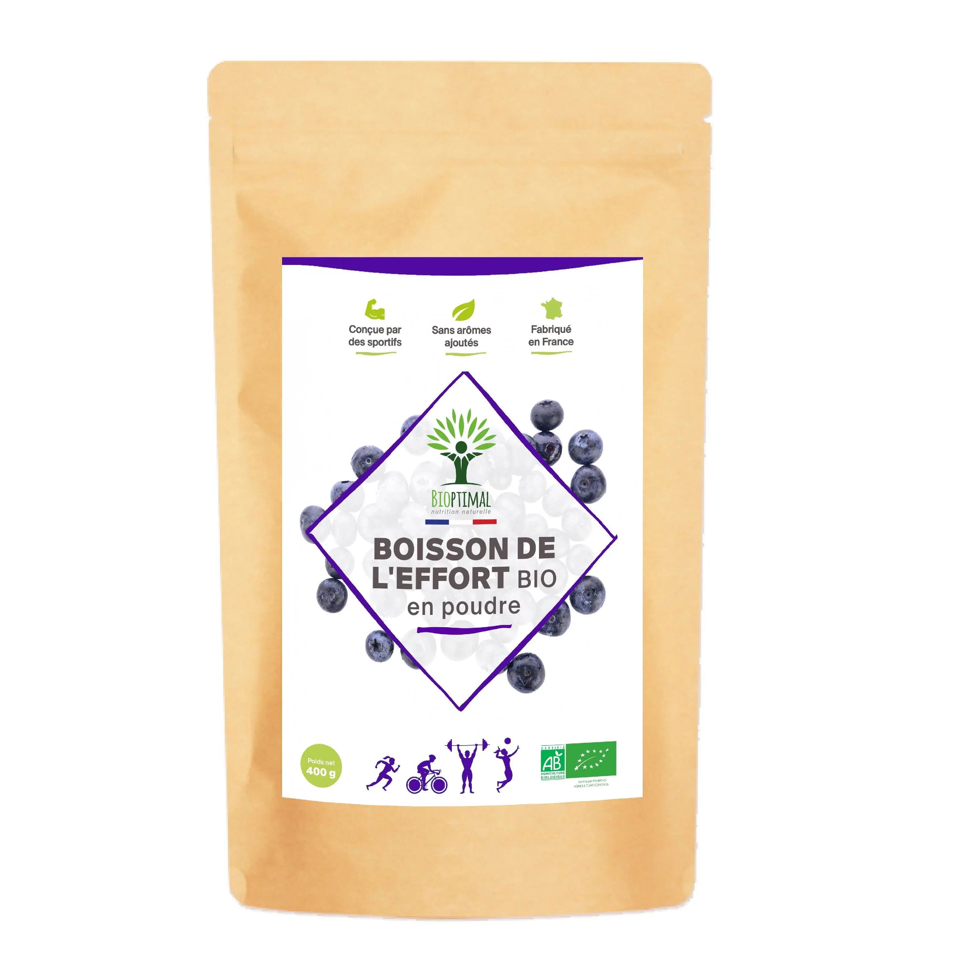 Organic Effort Drink Powder - Energy drink for sports - Blueberry Honey Maltodextrin Sodium - Packaged in France - Ecocert certified