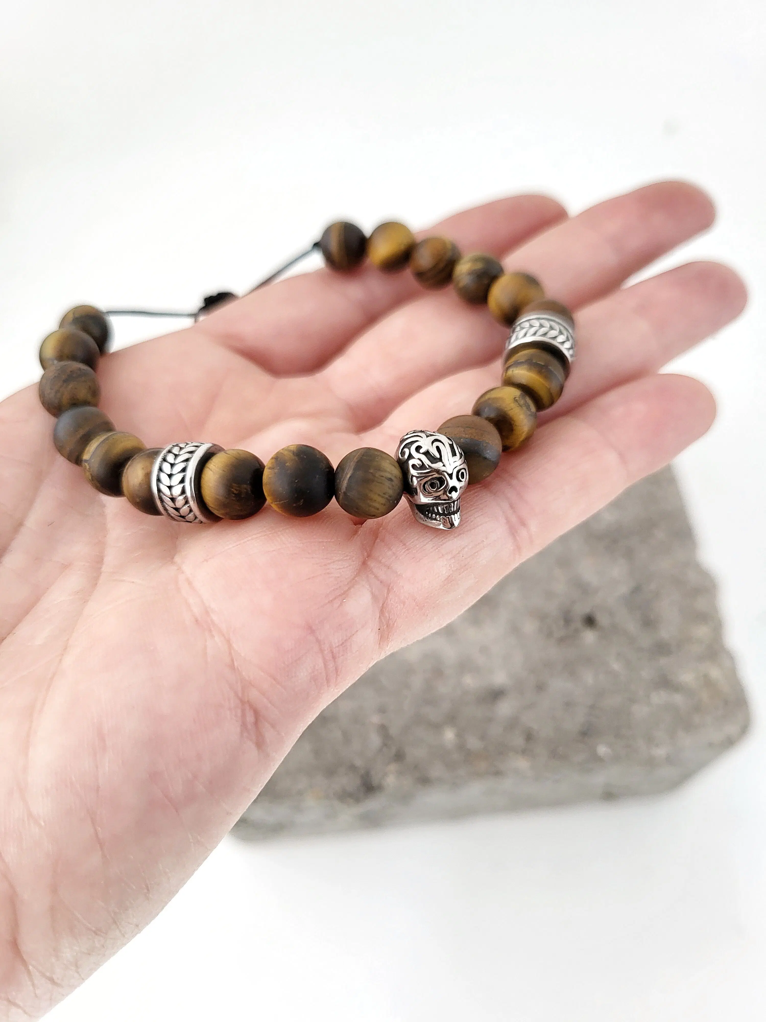 Bracelet "Mexicooh " hommes oeil de tigre mat et tête de mort en acier inox