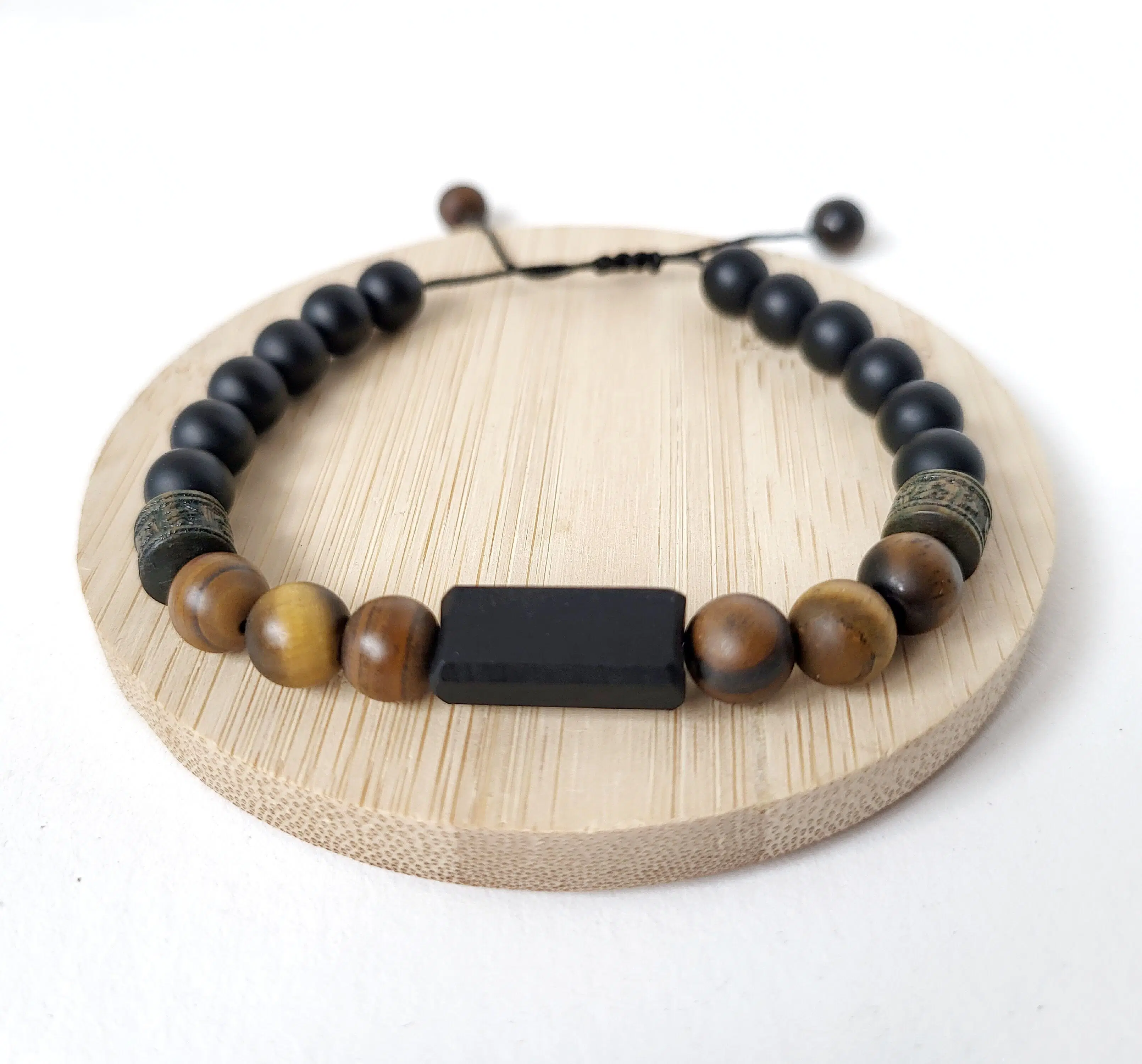 Bracelets réglable bois d'ébène façonné main et pierres naturelles pour hommes
