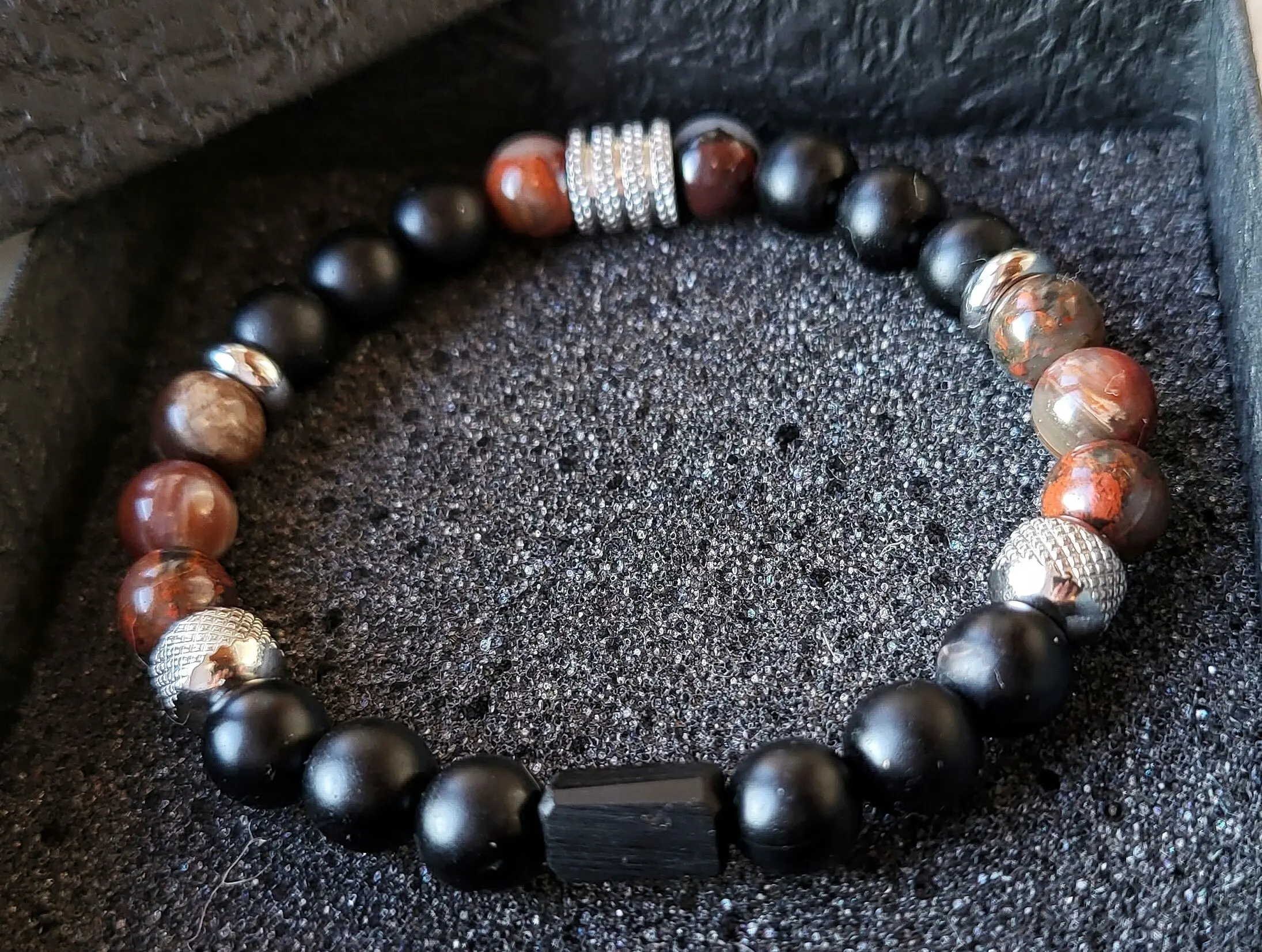 Bracelet Homme pierres naturelles jaspe rouge, obsidienne et bois d'ébène