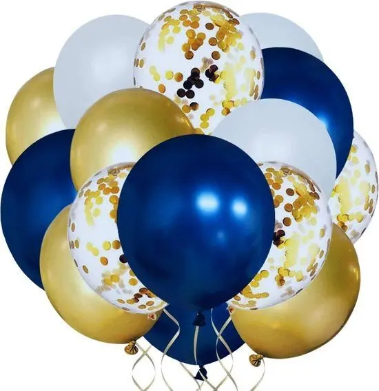 32 balloons in the colors light blue, dark blue and gold