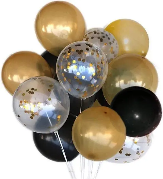 30 balloons in gold, black and gold confetti