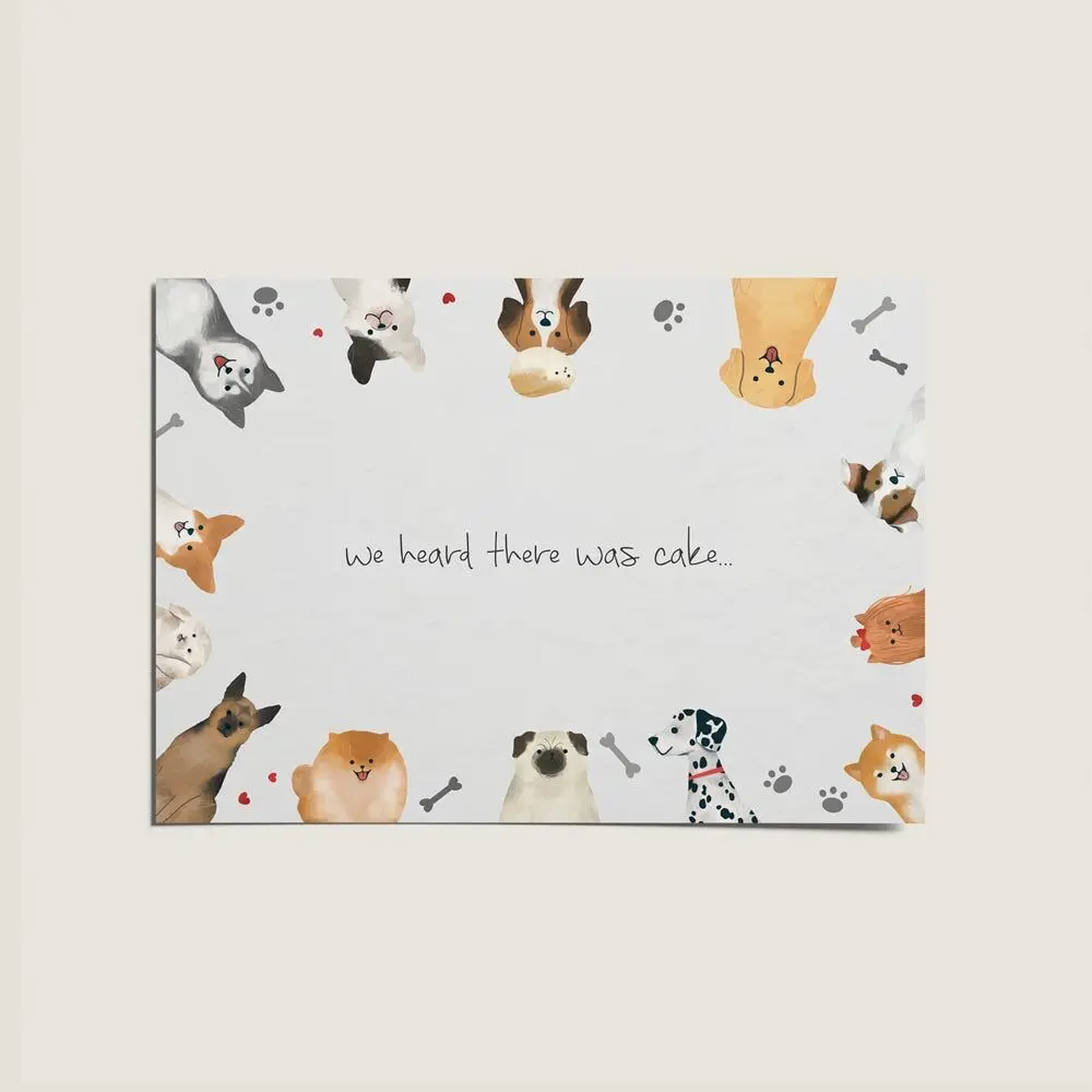 Carte d'anniversaire avec un chien illustré, nous avons entendu dire qu'il y avait un gâteau