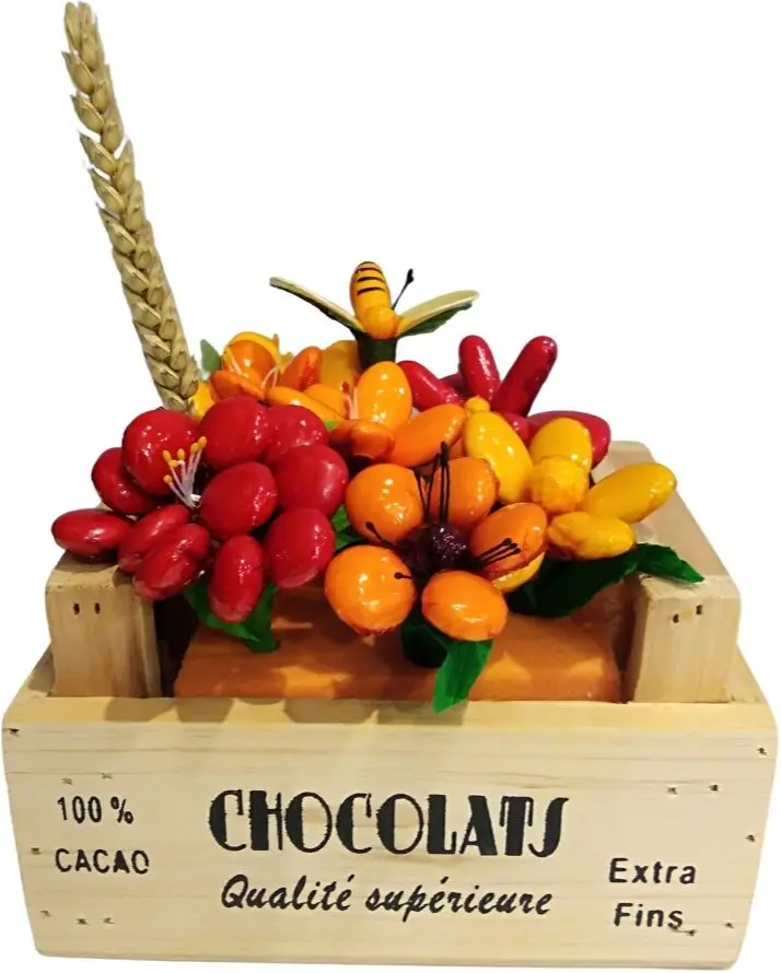 Flower crate filled with chocolate-covered sugared almonds