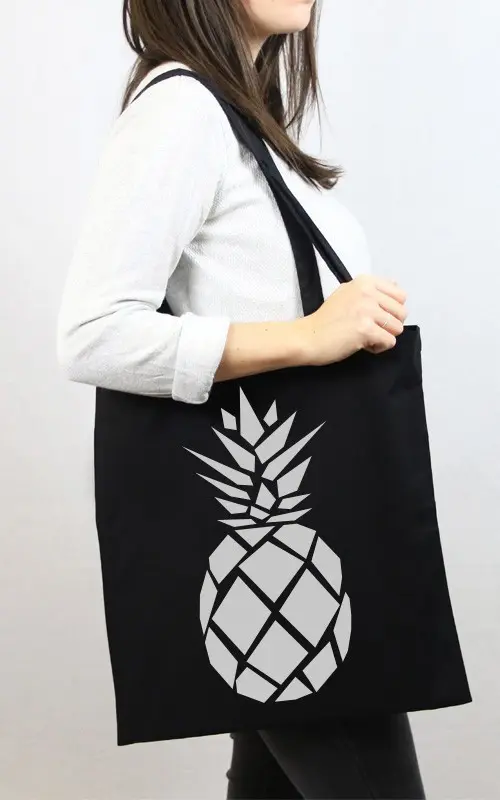 Black Tote Bag Silver Pineapple