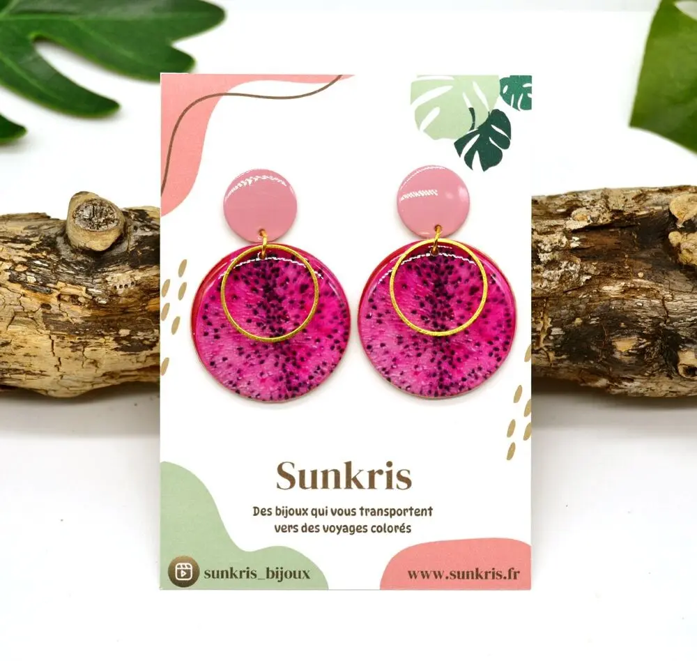 Dragon Fruit Earrings in Wood and Resin