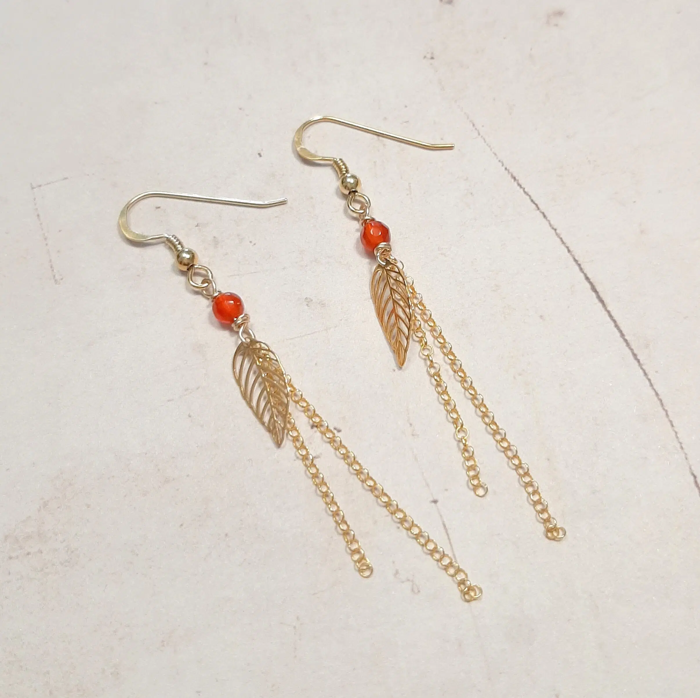 925 Silver Gold Leaf Earrings with Carnelian