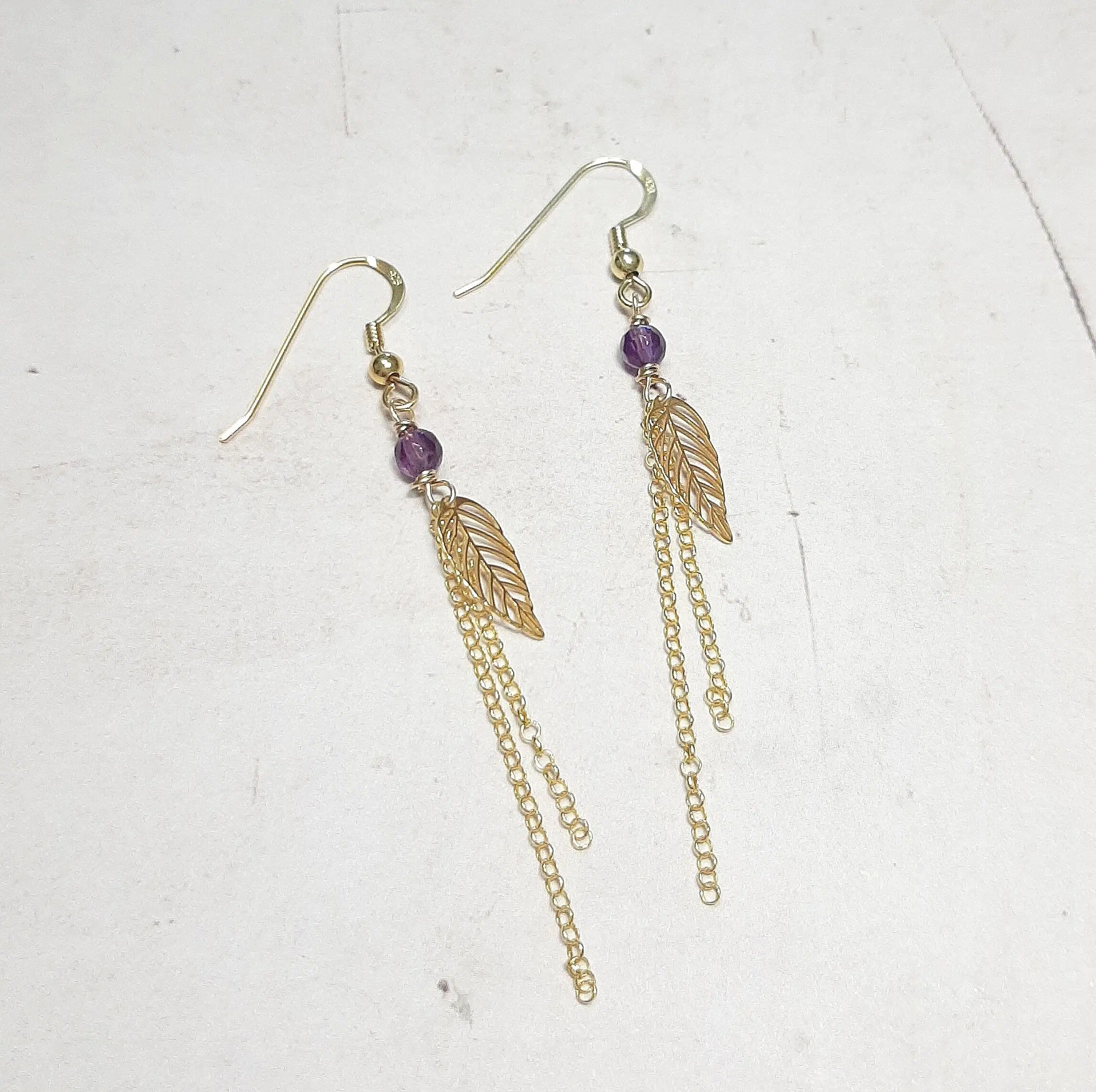 925 Silver Gold Leaf Earrings with Amethyst