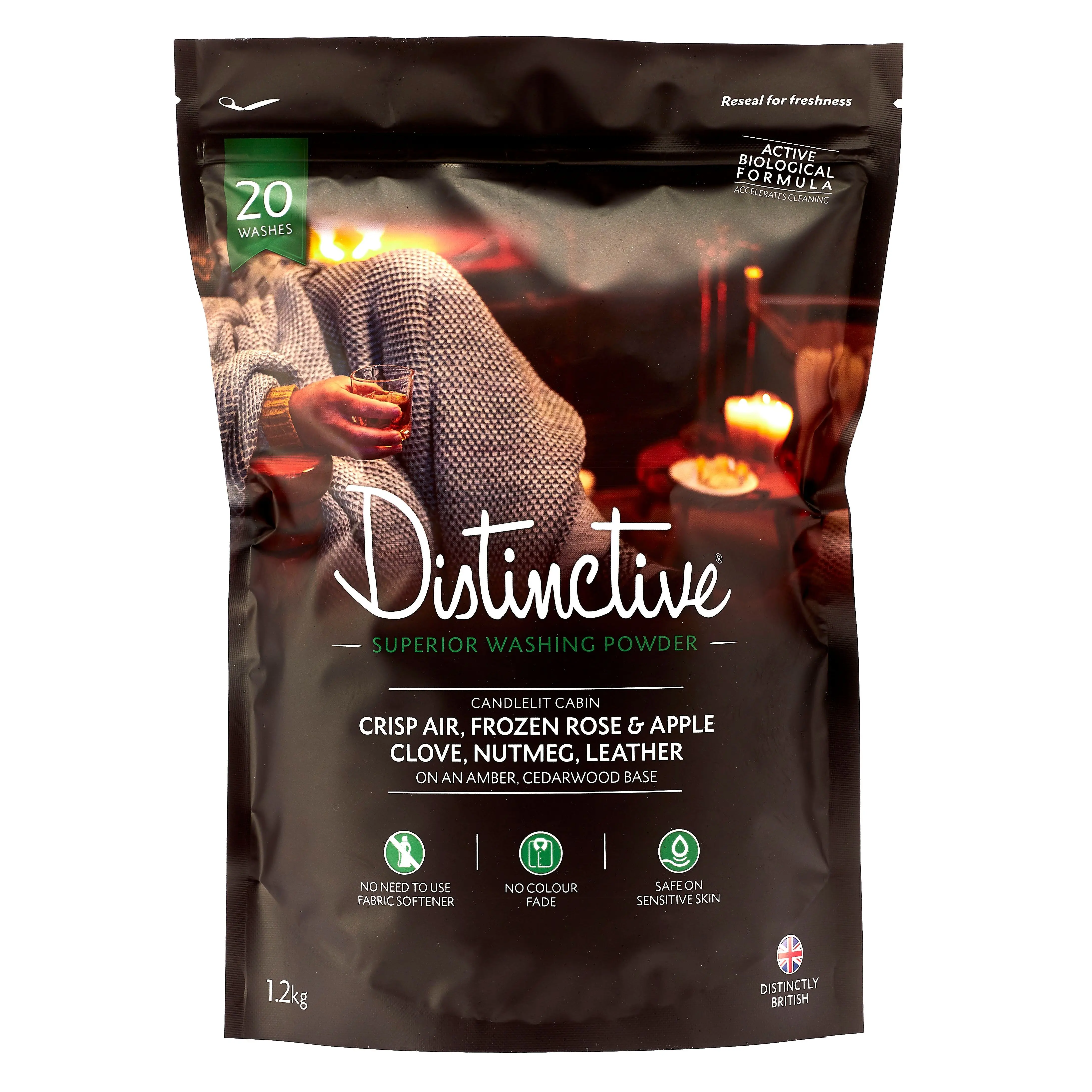 Poudre à laver distinctive 1.Pack de 2 kg - Parfum Candlelit Cabin Crisp Air, Rose et Pomme Gelées, Clou de Girofle, Noix de Muscade et Cuir