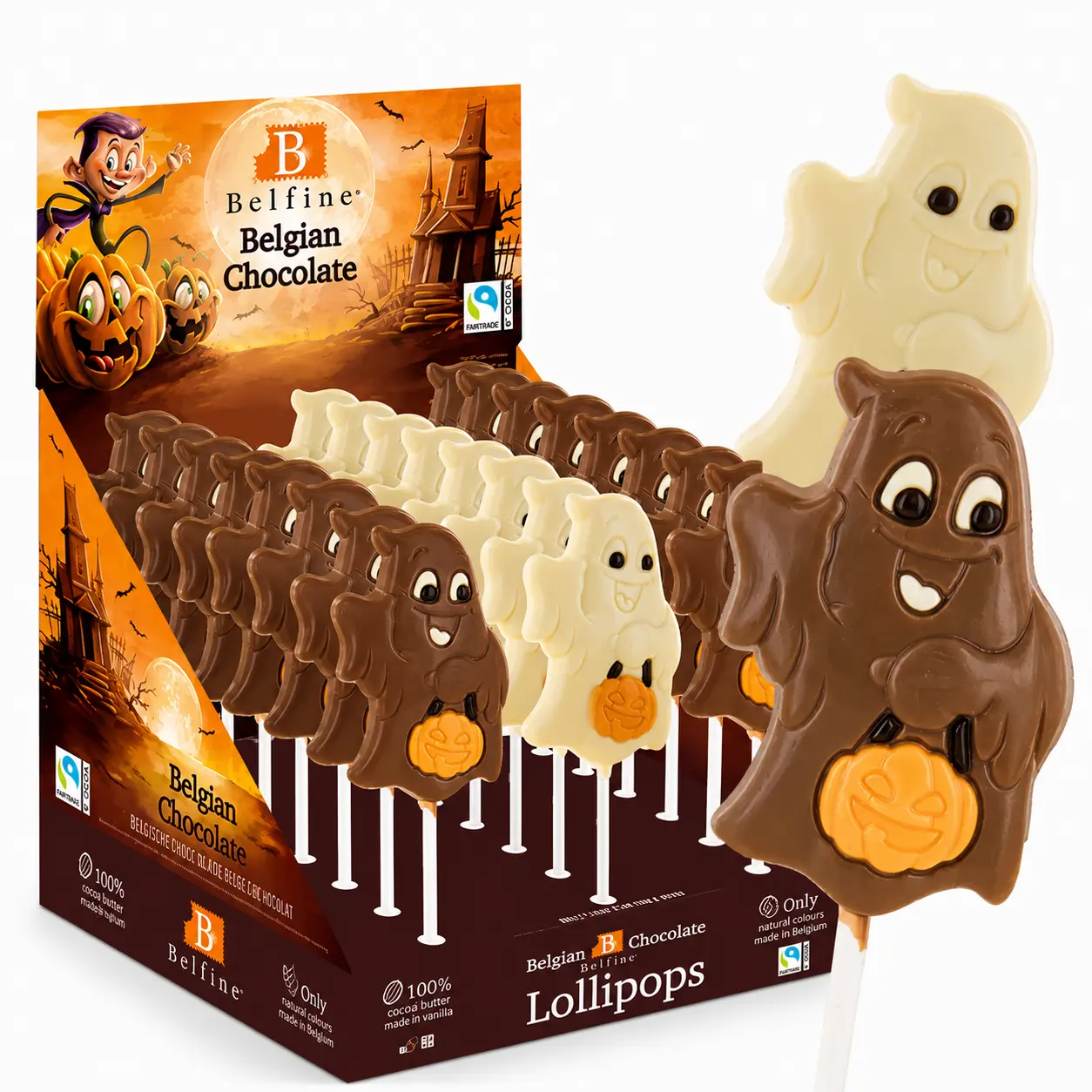 Piruletas de chocolate con leche "fantasma" 25g - Expositor de caja de 30 piruletas