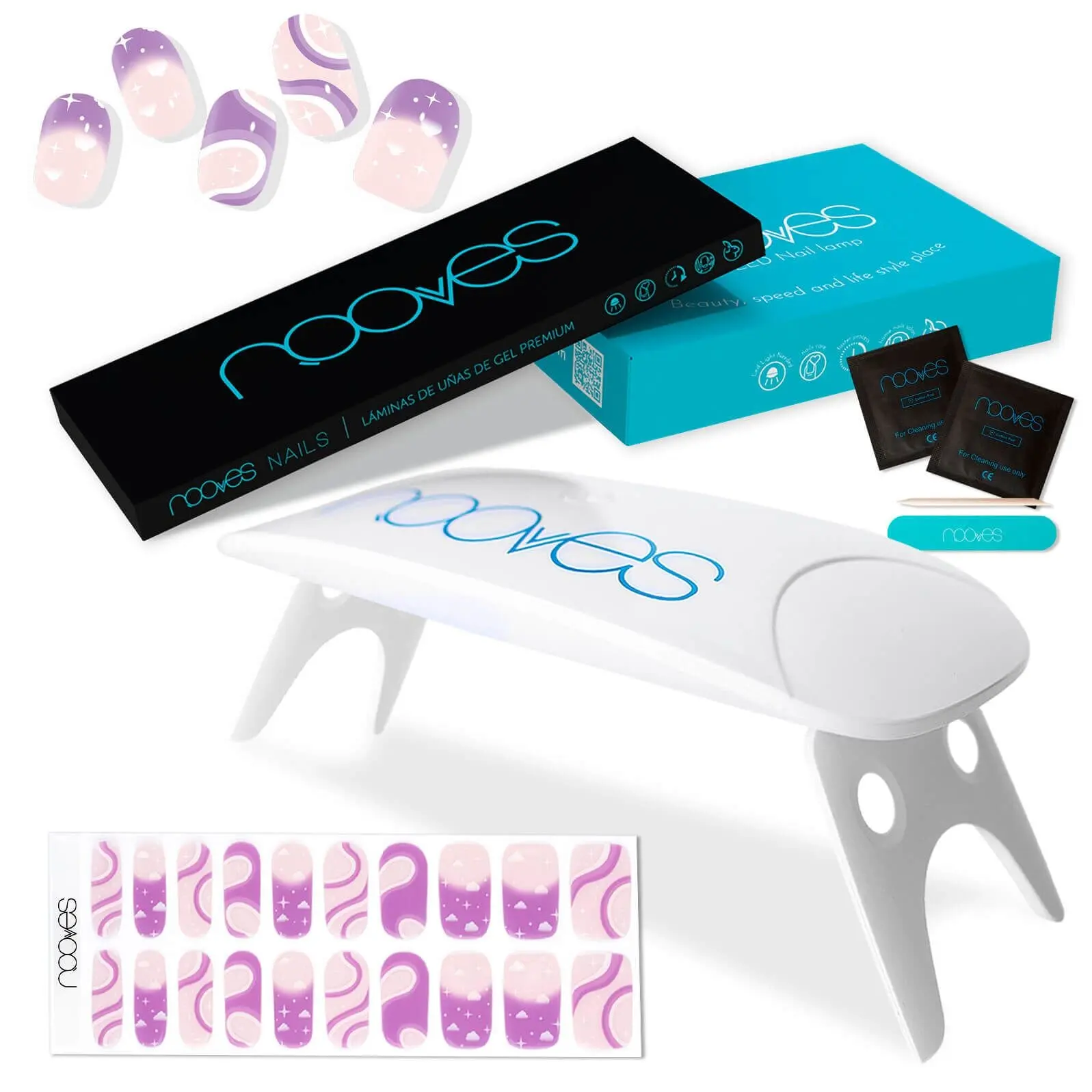 Pack of Nooves Premium Pre-Curred Gel Nail Foil Nail Art Designs + 8w PORTABLE UV/LED Nail Lamp