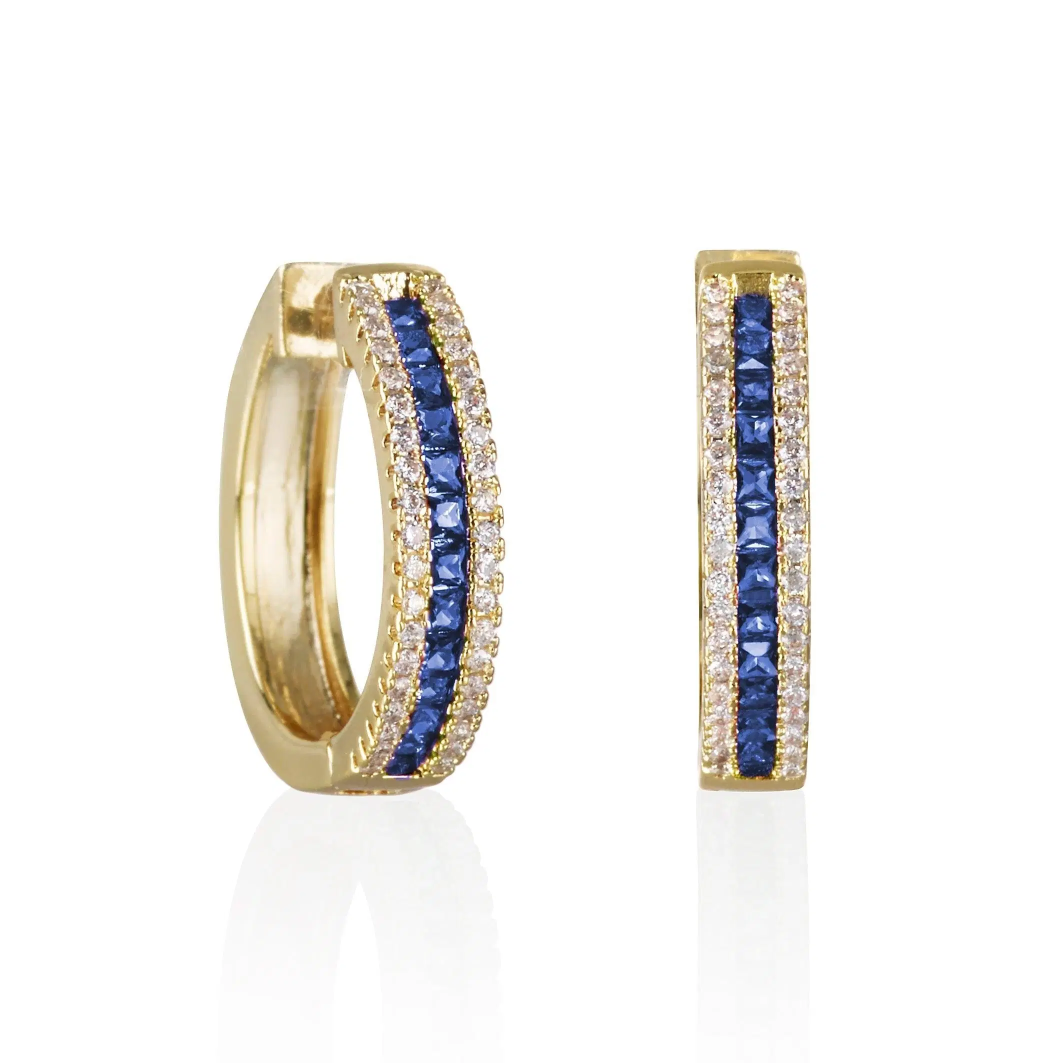 Gold Hoop Earrings with Blue Cubic Zirconia Stones