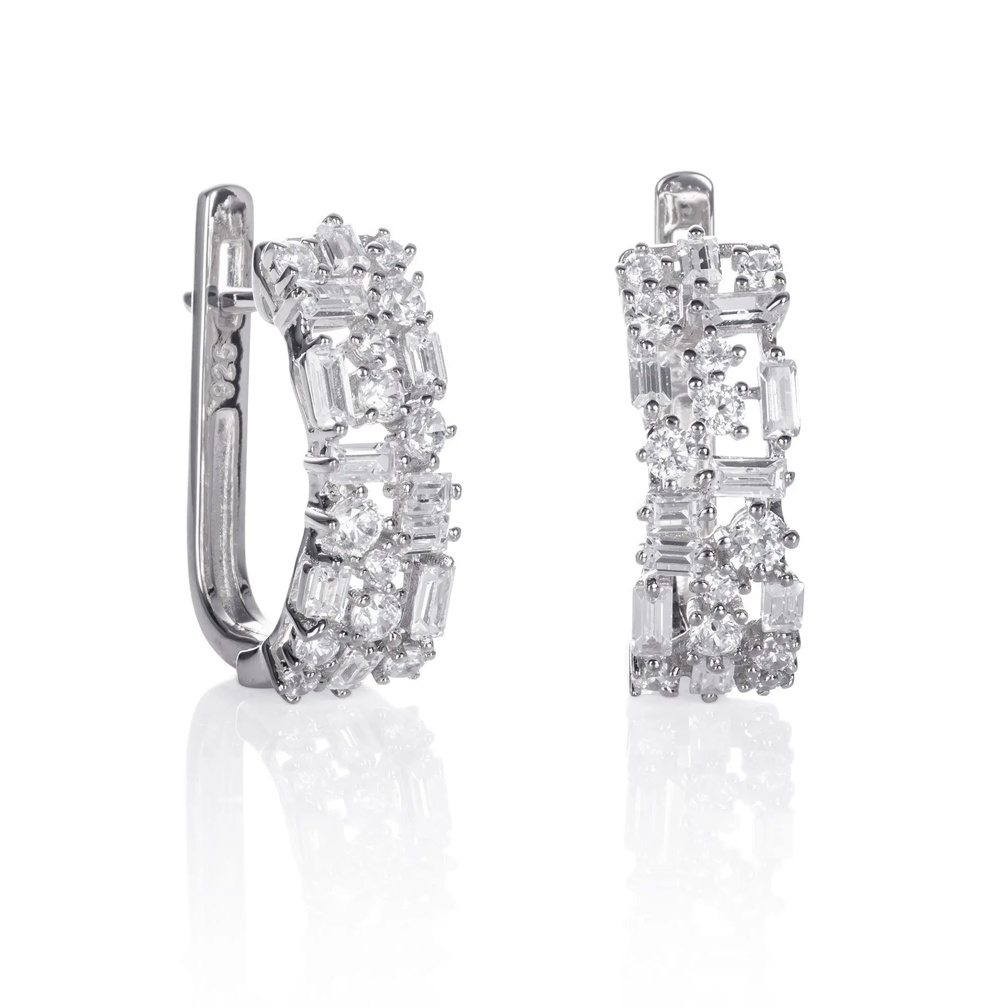 925 Sterling Silver Hoop Earrings for Women with Baguette Stones