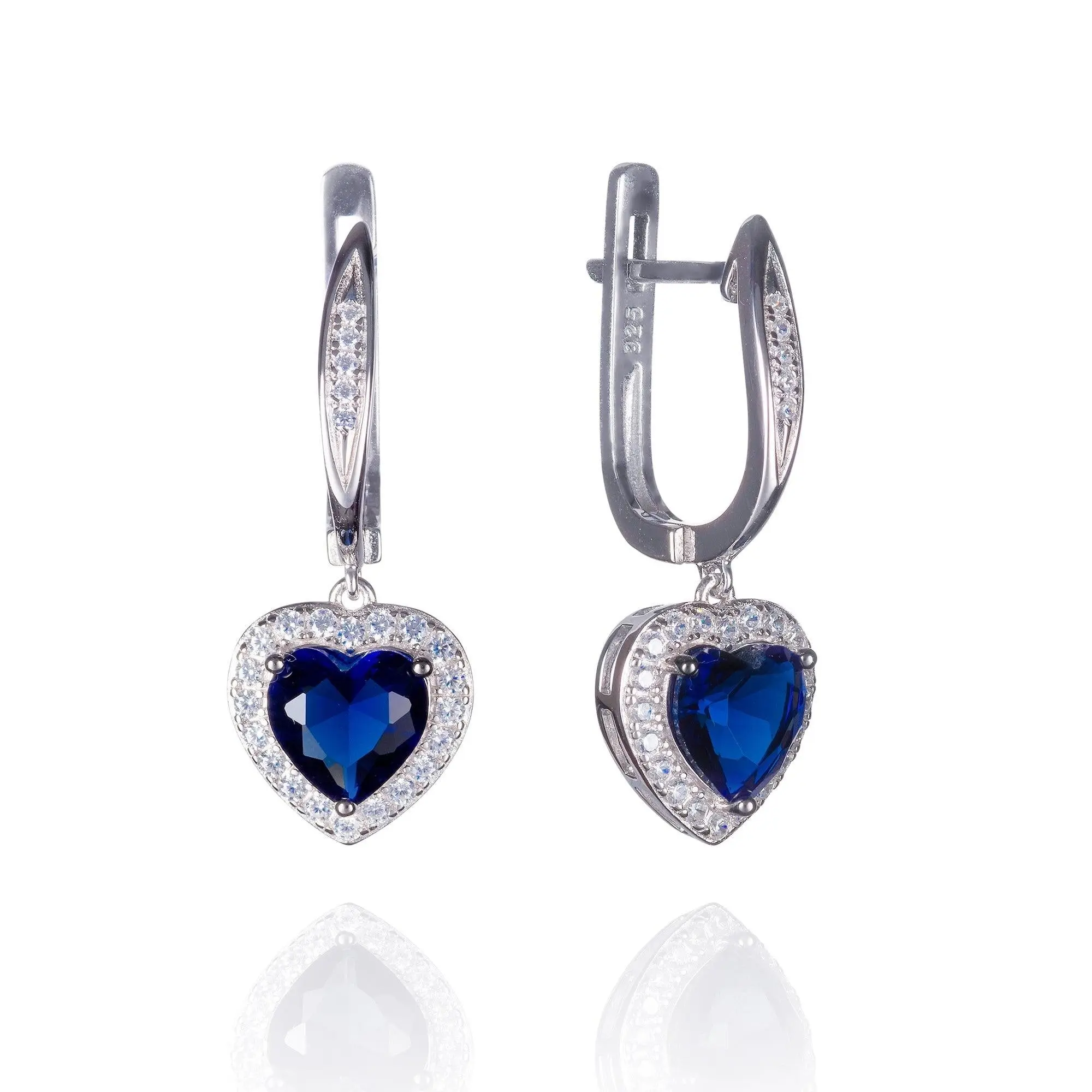 Sterling Silver Heart Earrings for Women With Blue Stones and Cubic Zirconia Gemtones